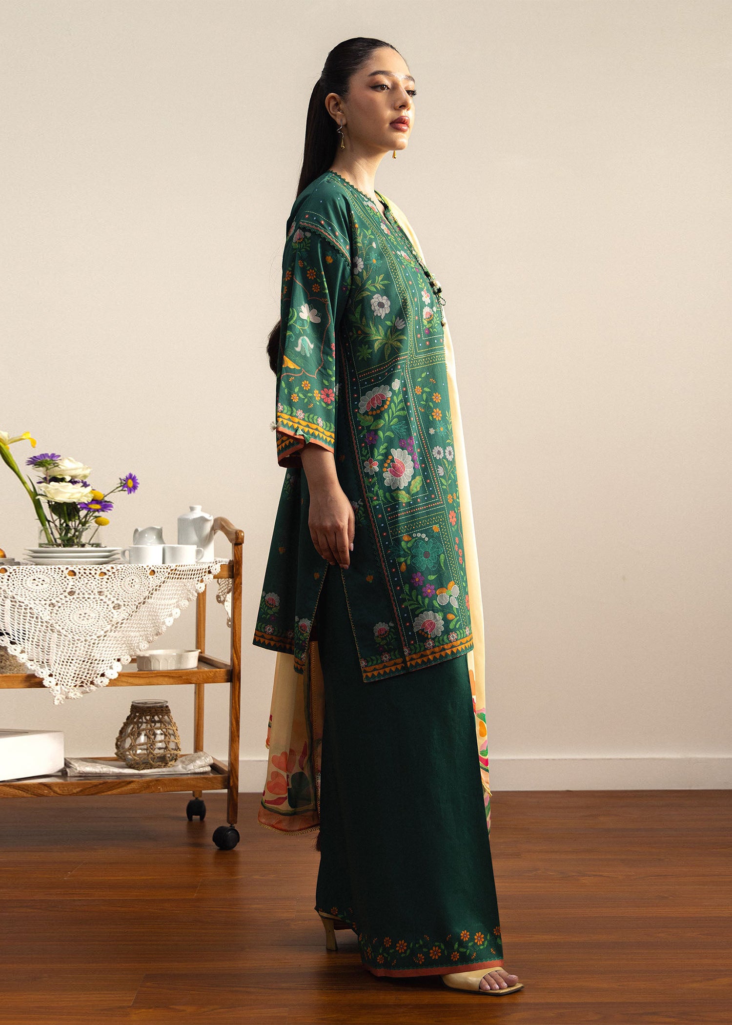 lawn Unstitched in Dark green