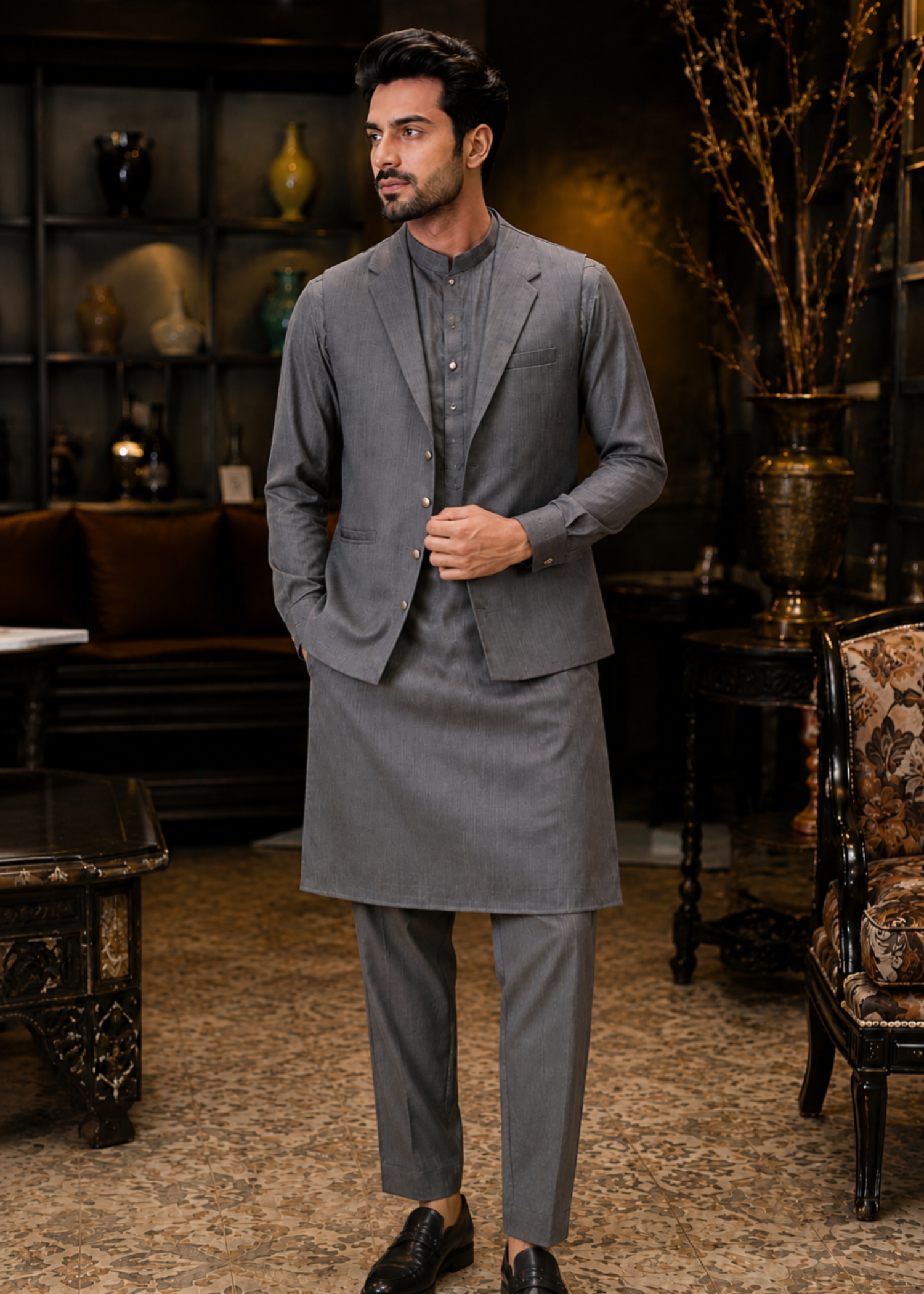 textured wash & wear Waistcoat in Dark grey