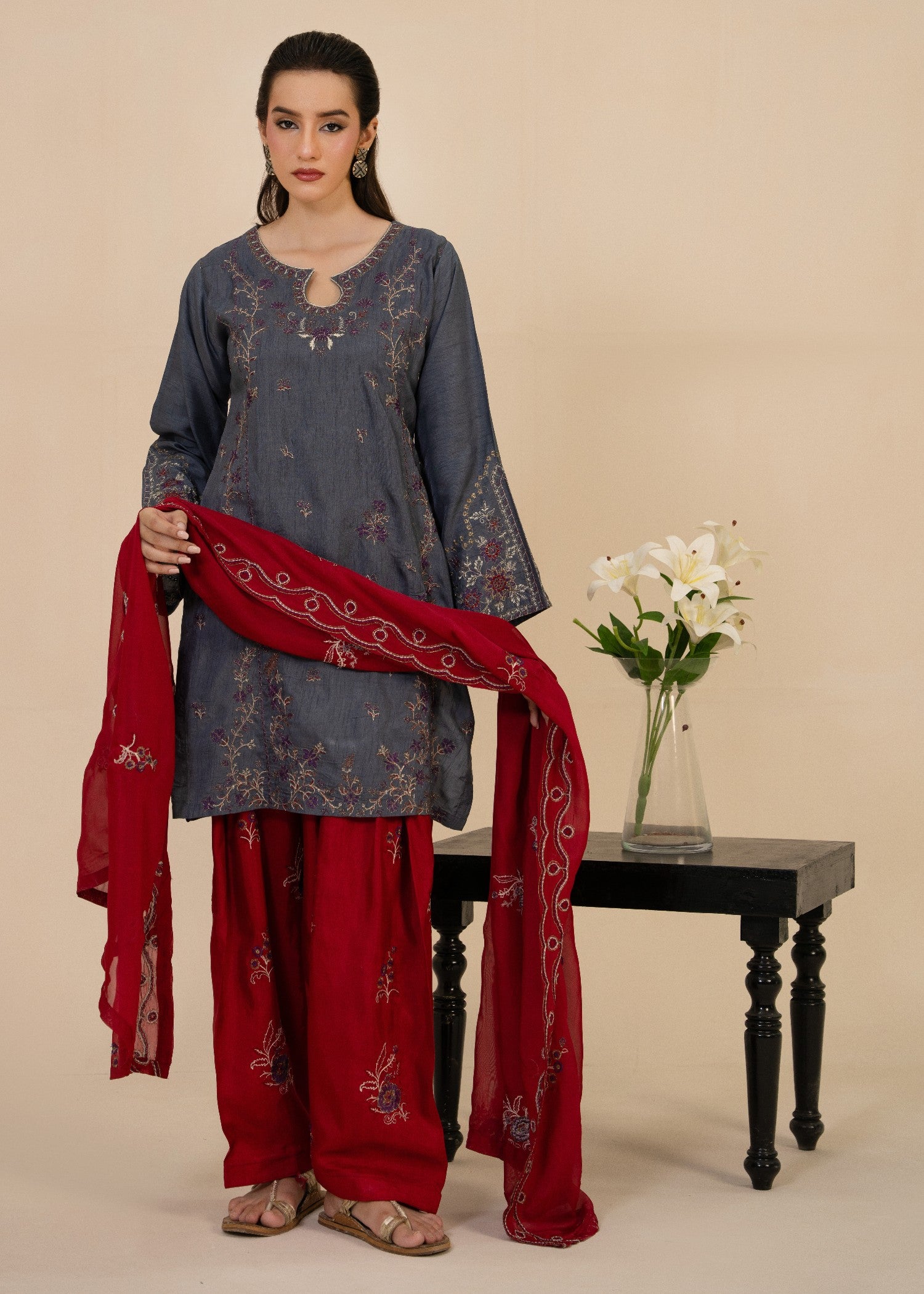 korean raw silk Kurta Set in Steal grey