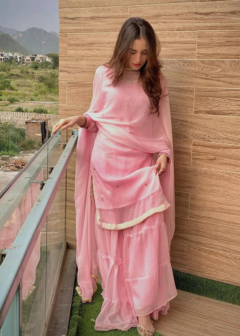 chiffon Gharara in Pastel pink