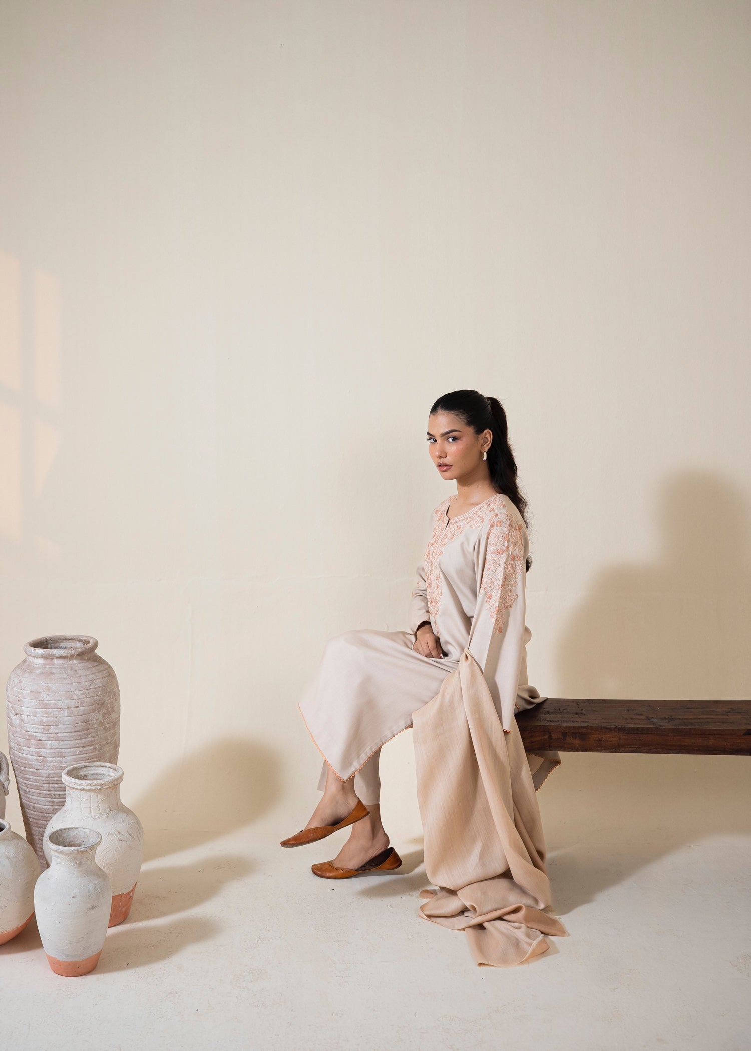dhanak wool Kurta Set in Beige