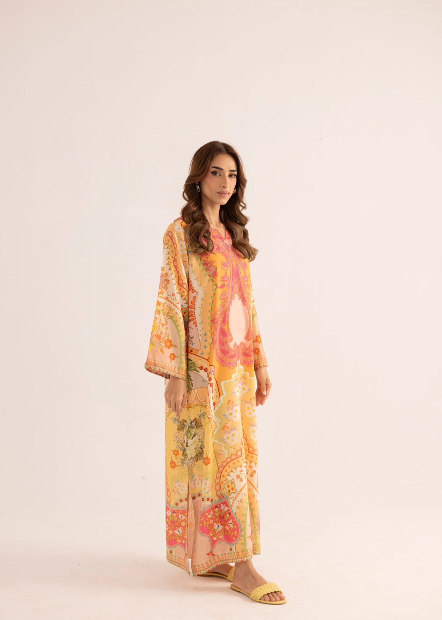 silk finish lawn Kaftan in Honey