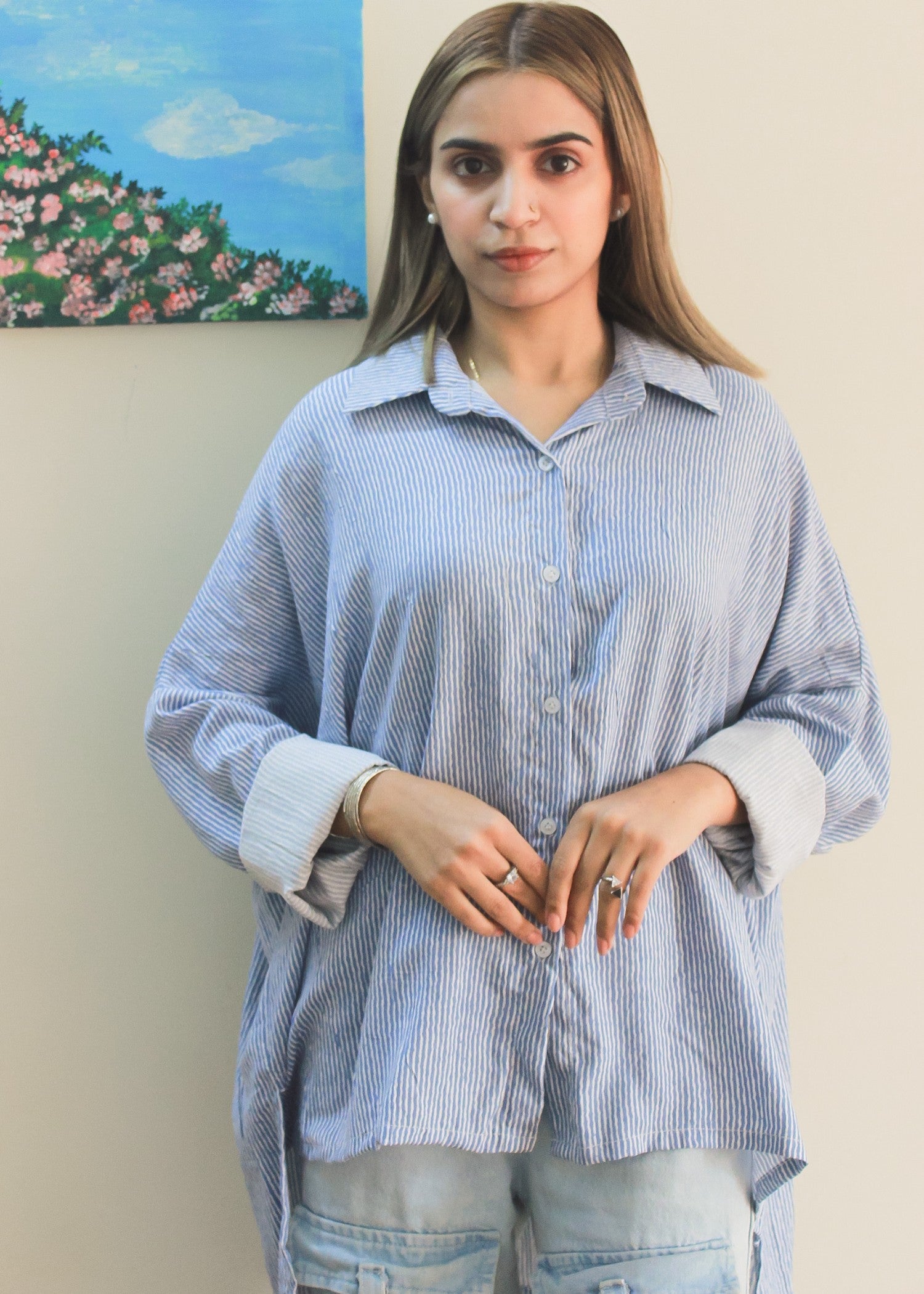 linen Top in Ice blue, pink