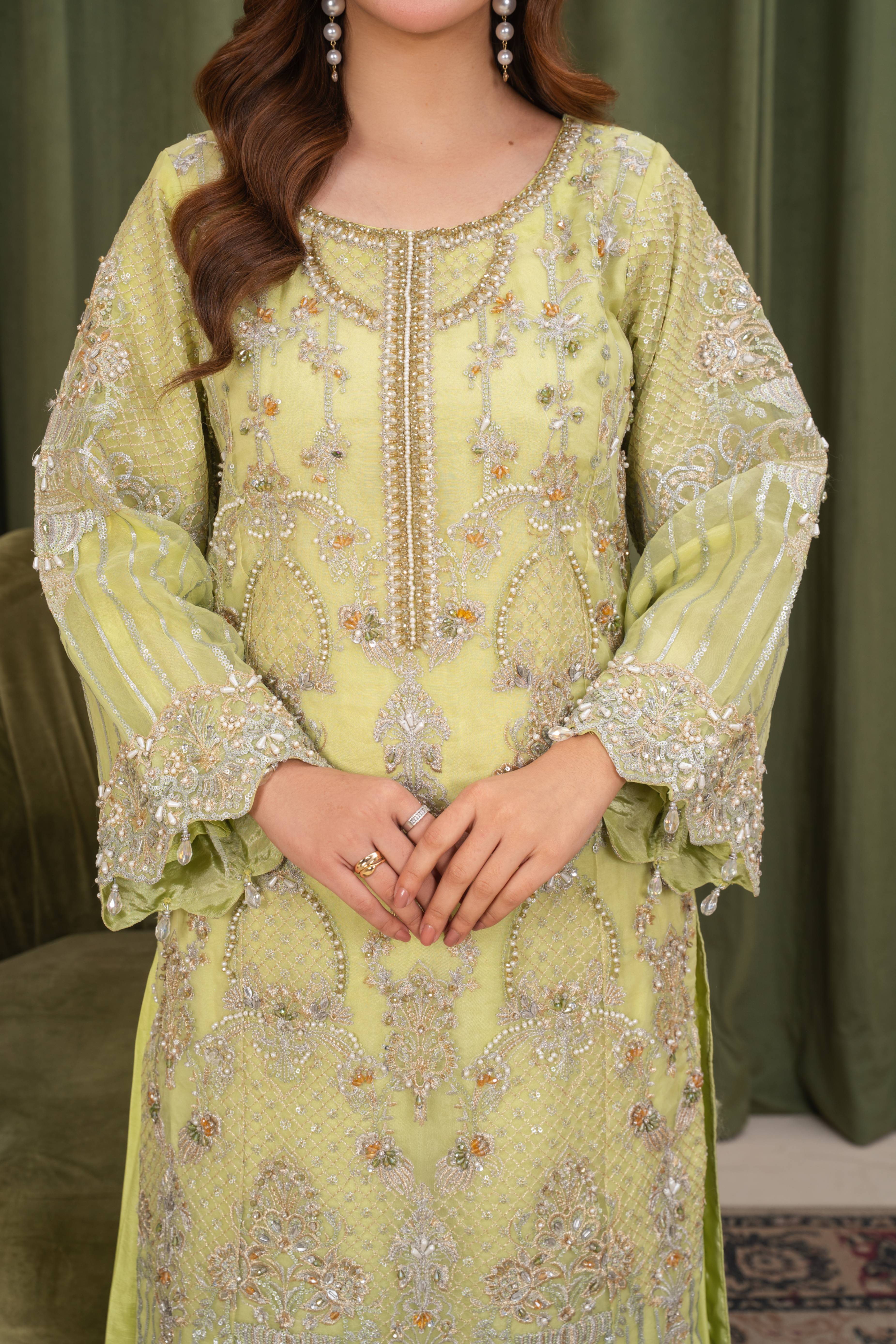 crystal organza Kurta Set in Pear