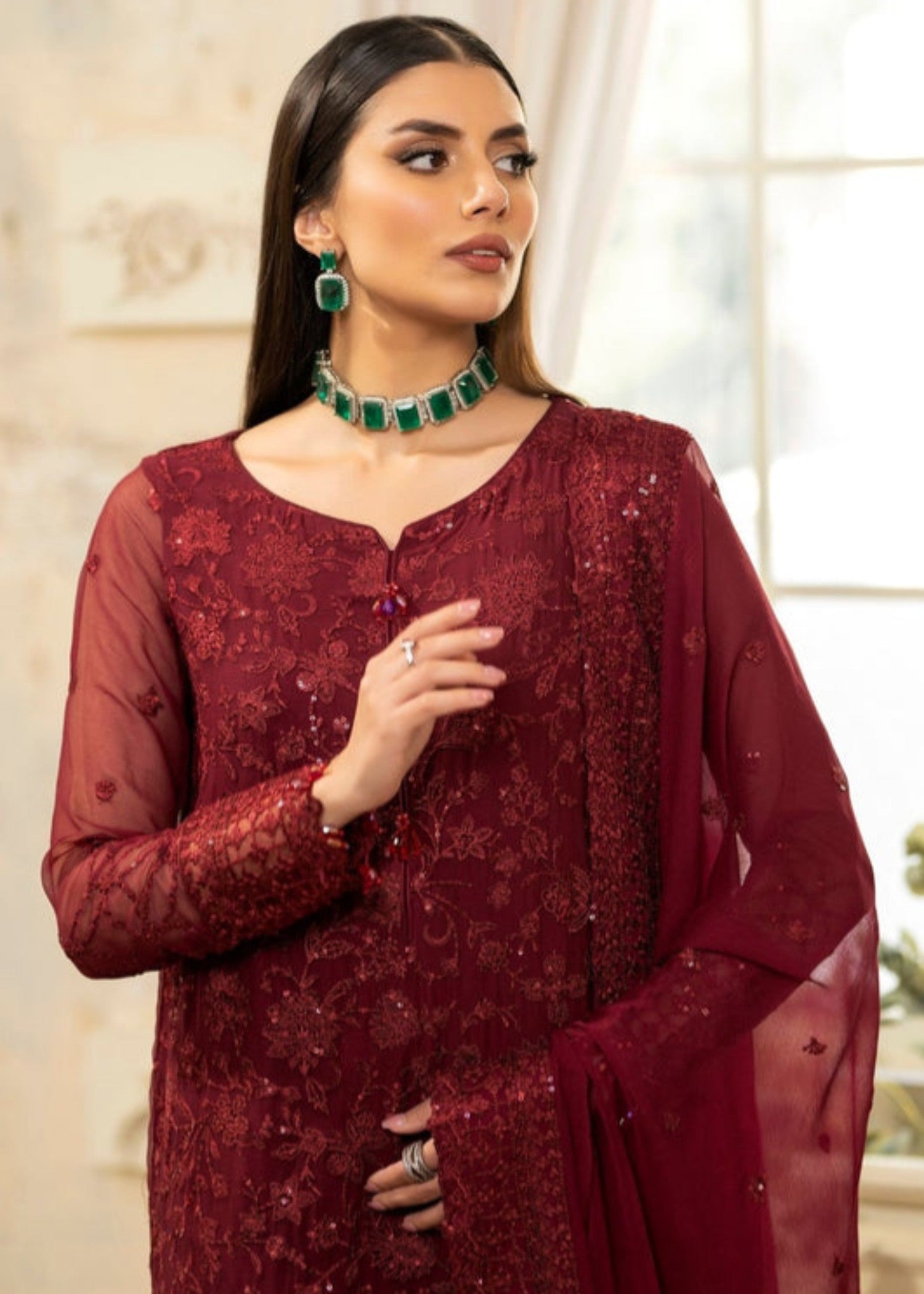bemberg crinkle chiffon Kurta Set in Red