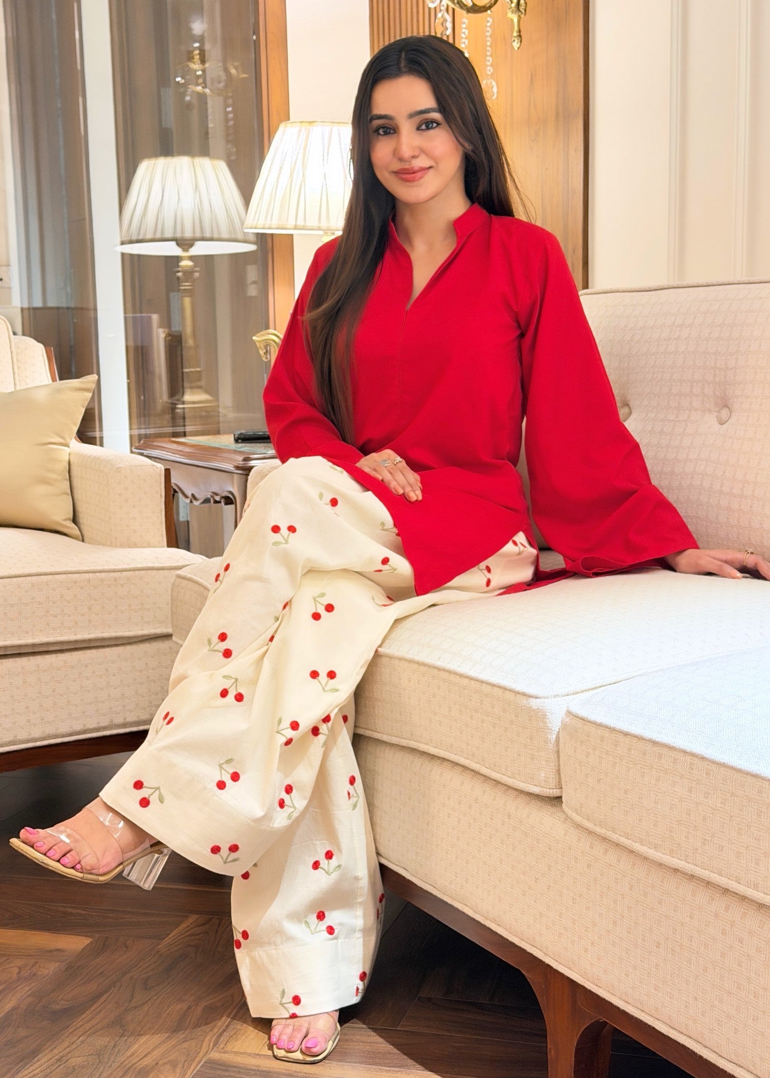arabic lawn Kurta Set in Red, cream