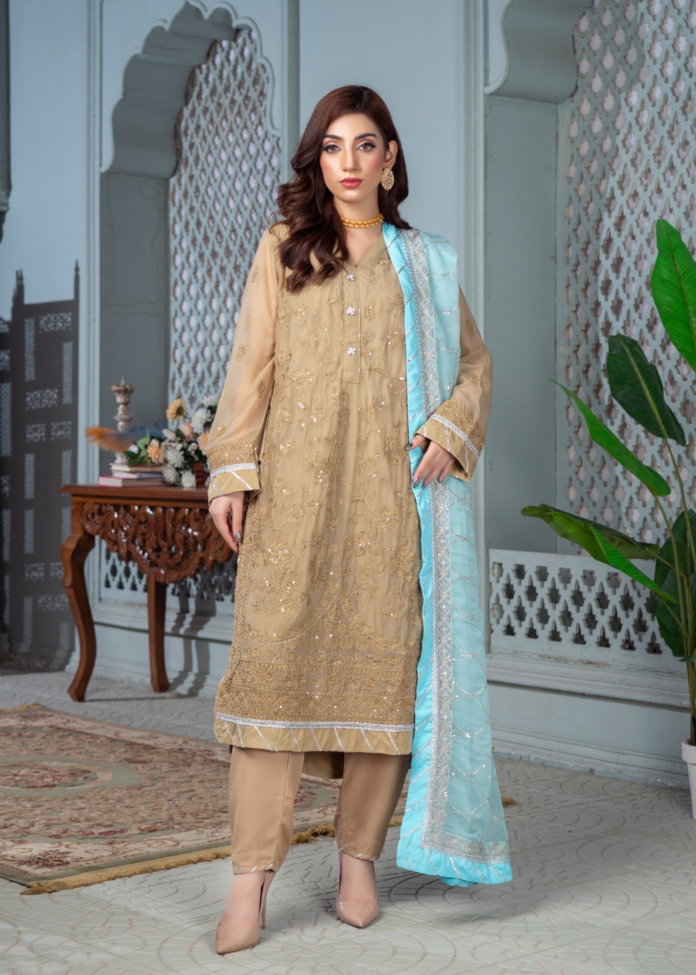 chiffon Kurta Set in Sand brown