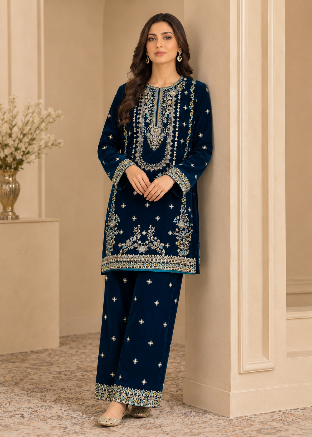 chinese micro velvet 9000 Kurta Set in Navy blue