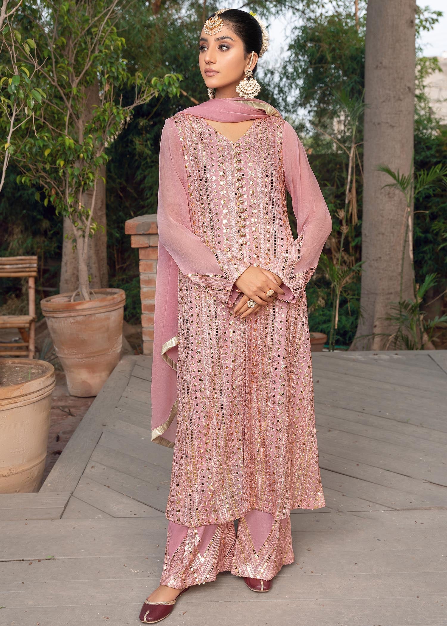 chikankari cotton Gown in Tea rose pink