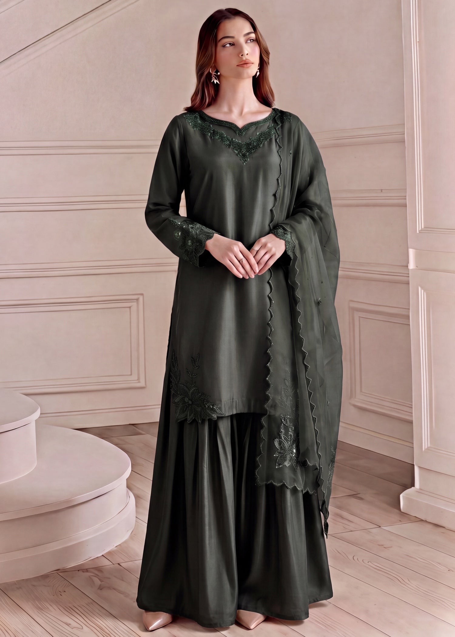 silk Gharara in Dark green