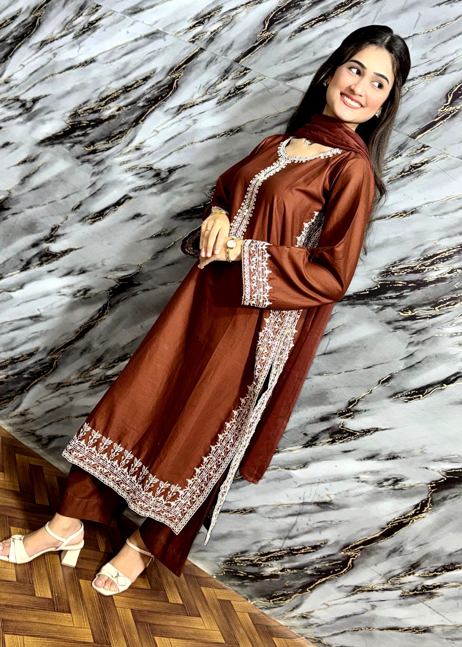 lawn Kurta Set in Bronze orange