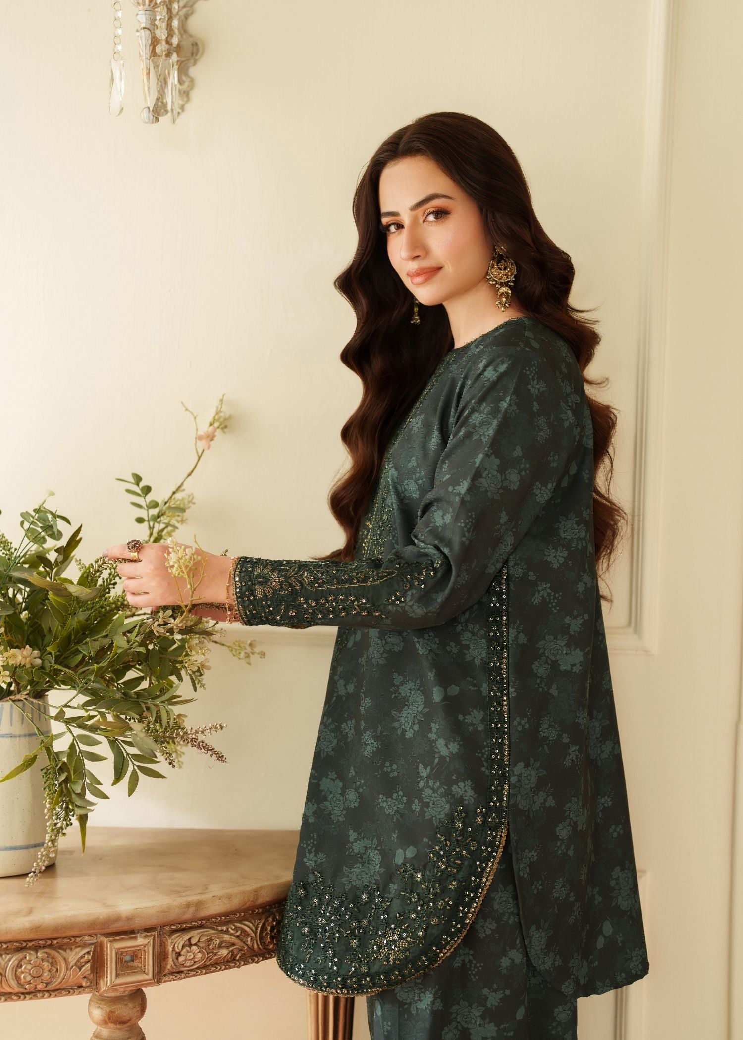 twill khaddar Kurta Set in Green
