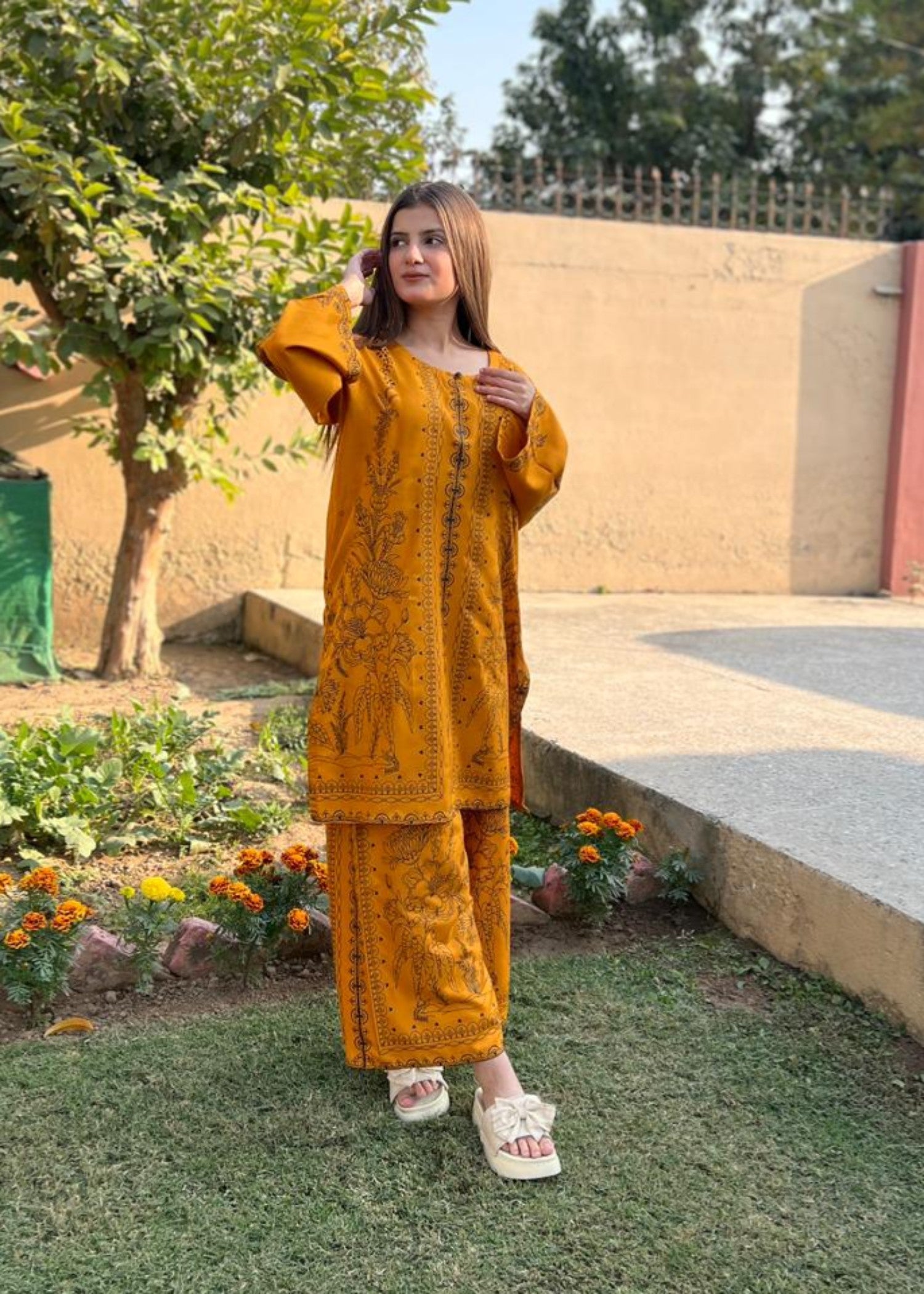 arabic lawn Co Ord Sets in Mustard