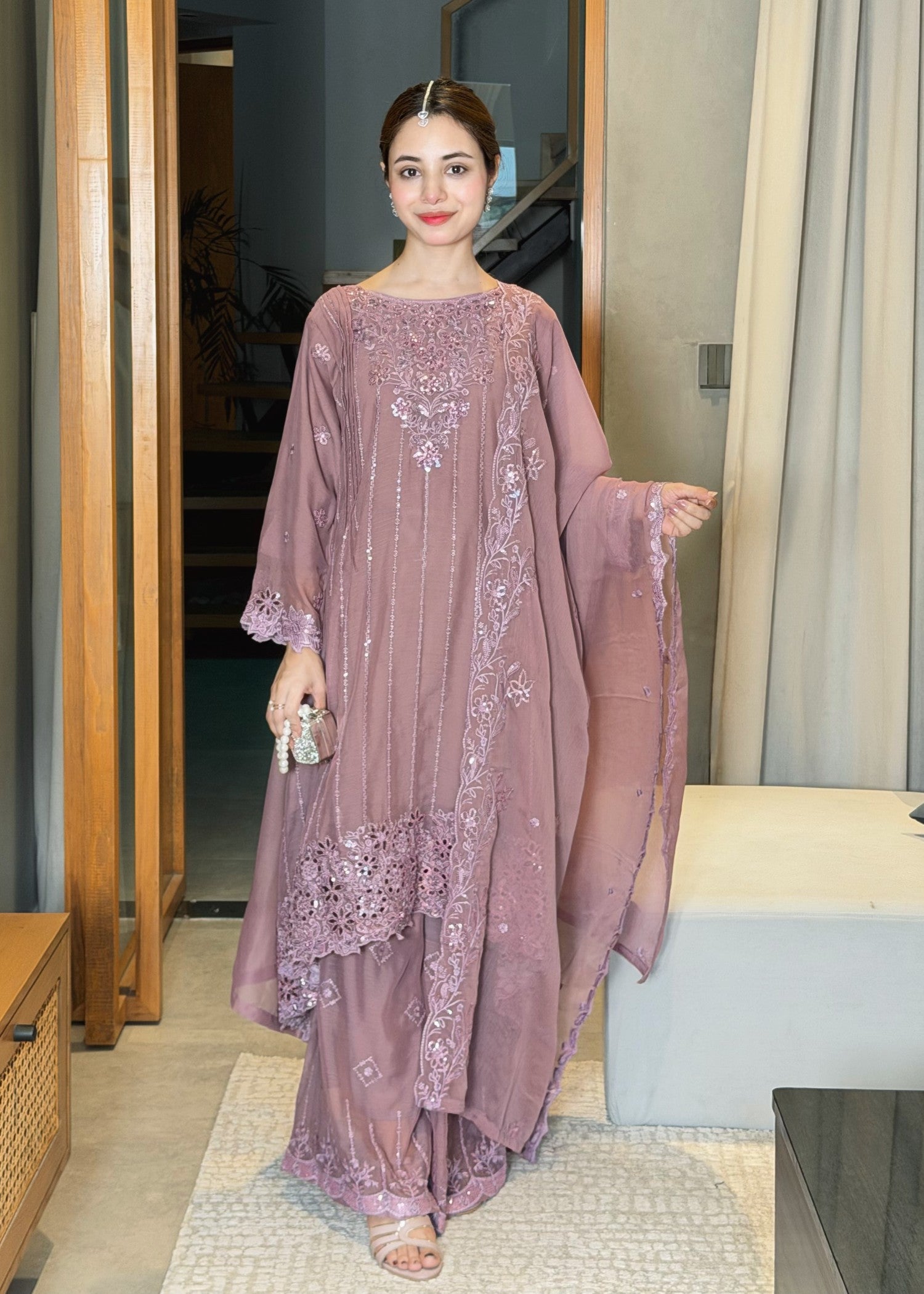 chiffon Short Frock in Lavender pink