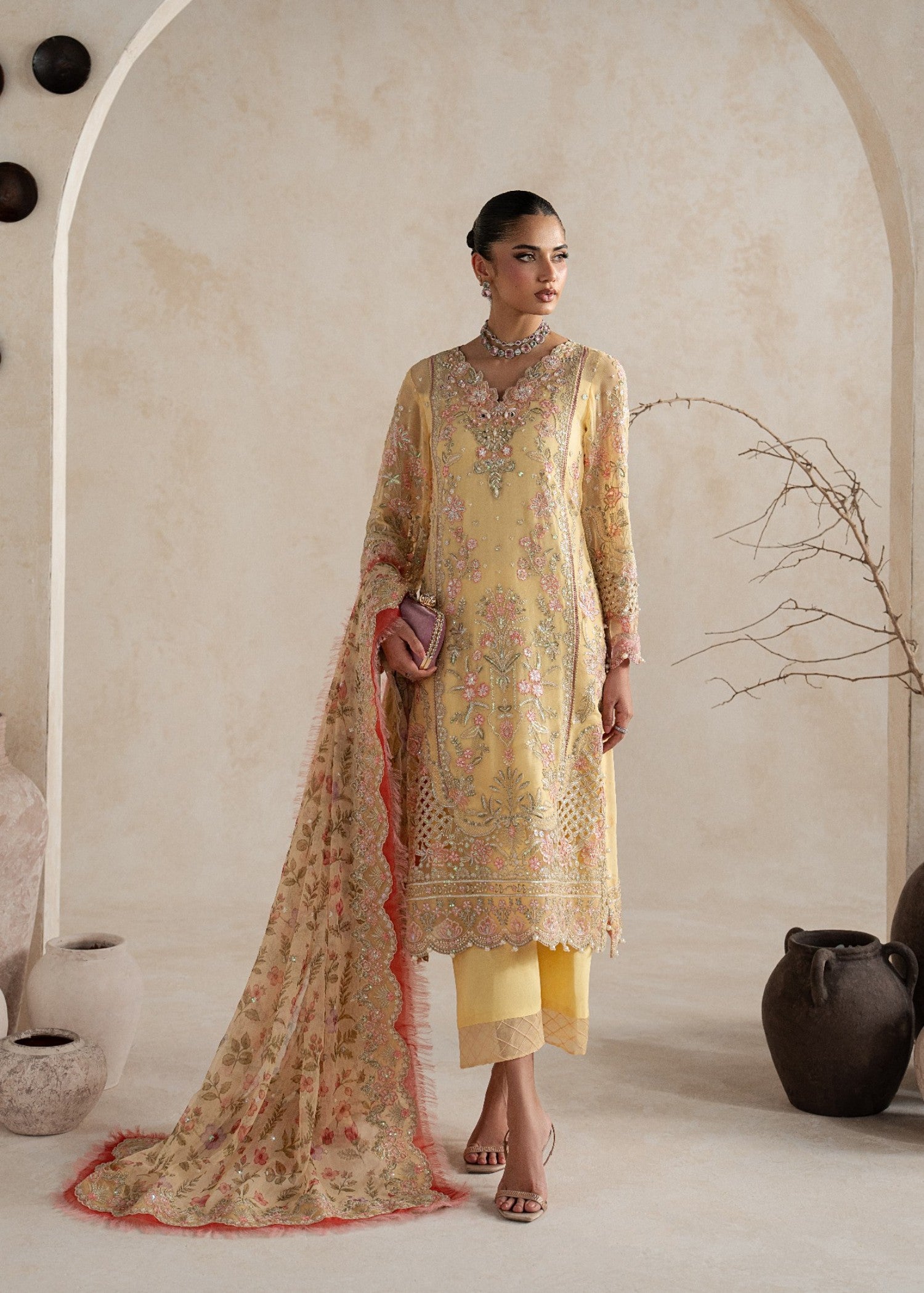 chiffon Kurta Set in Light yellow