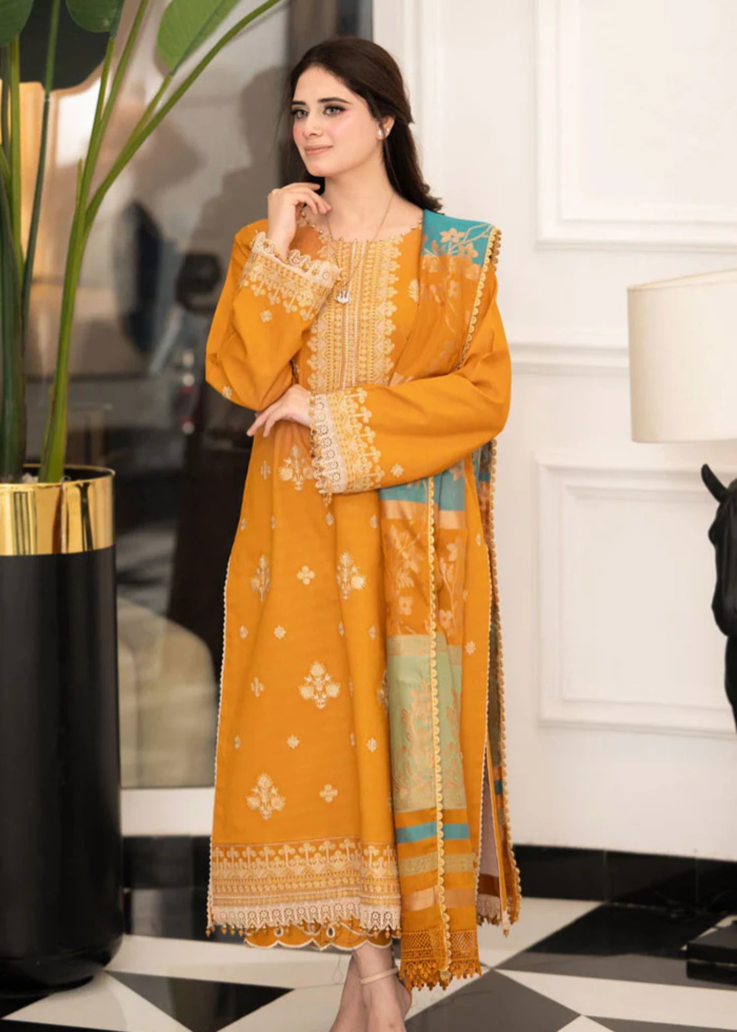 dhanak Kurta Set in Goldenrod