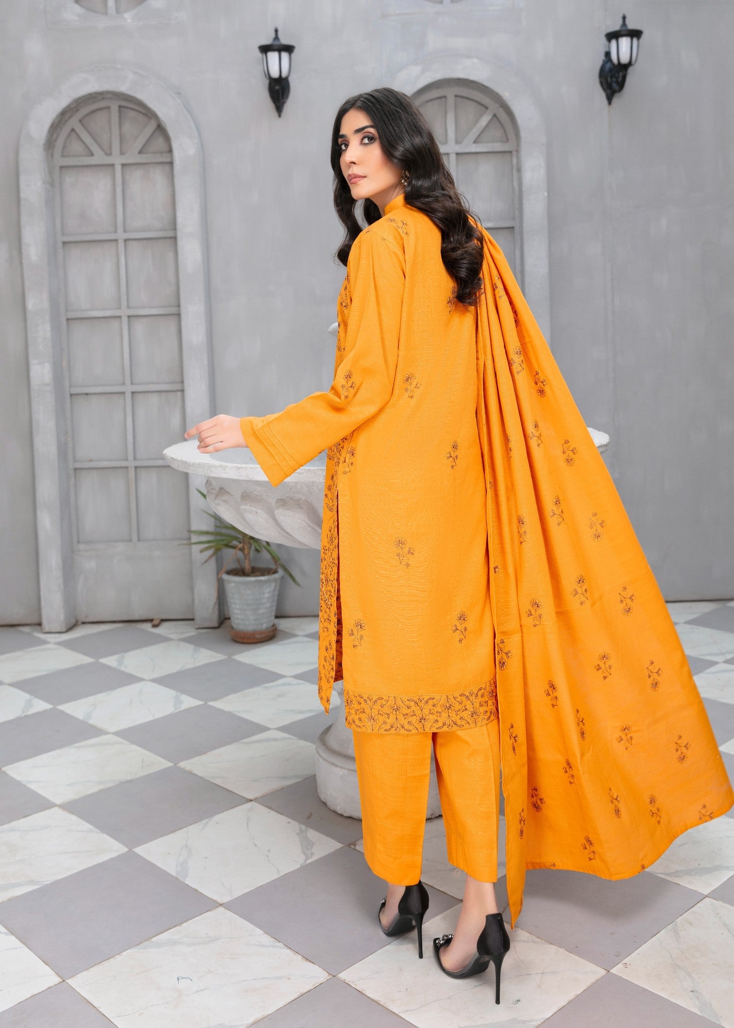 khaddar Unstitched in Pumpkin orange