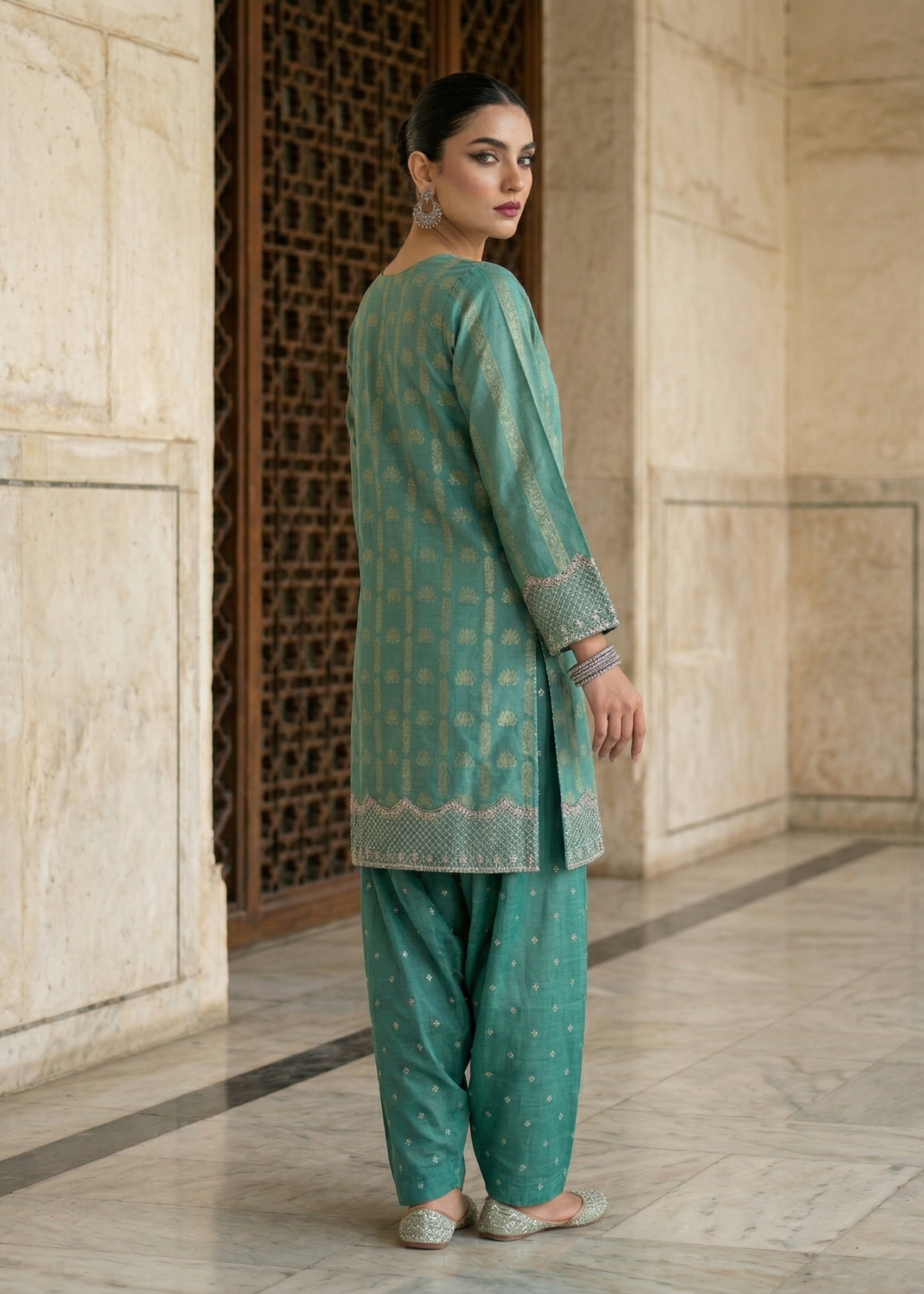 jacquard Kurta Set in Aquamarine