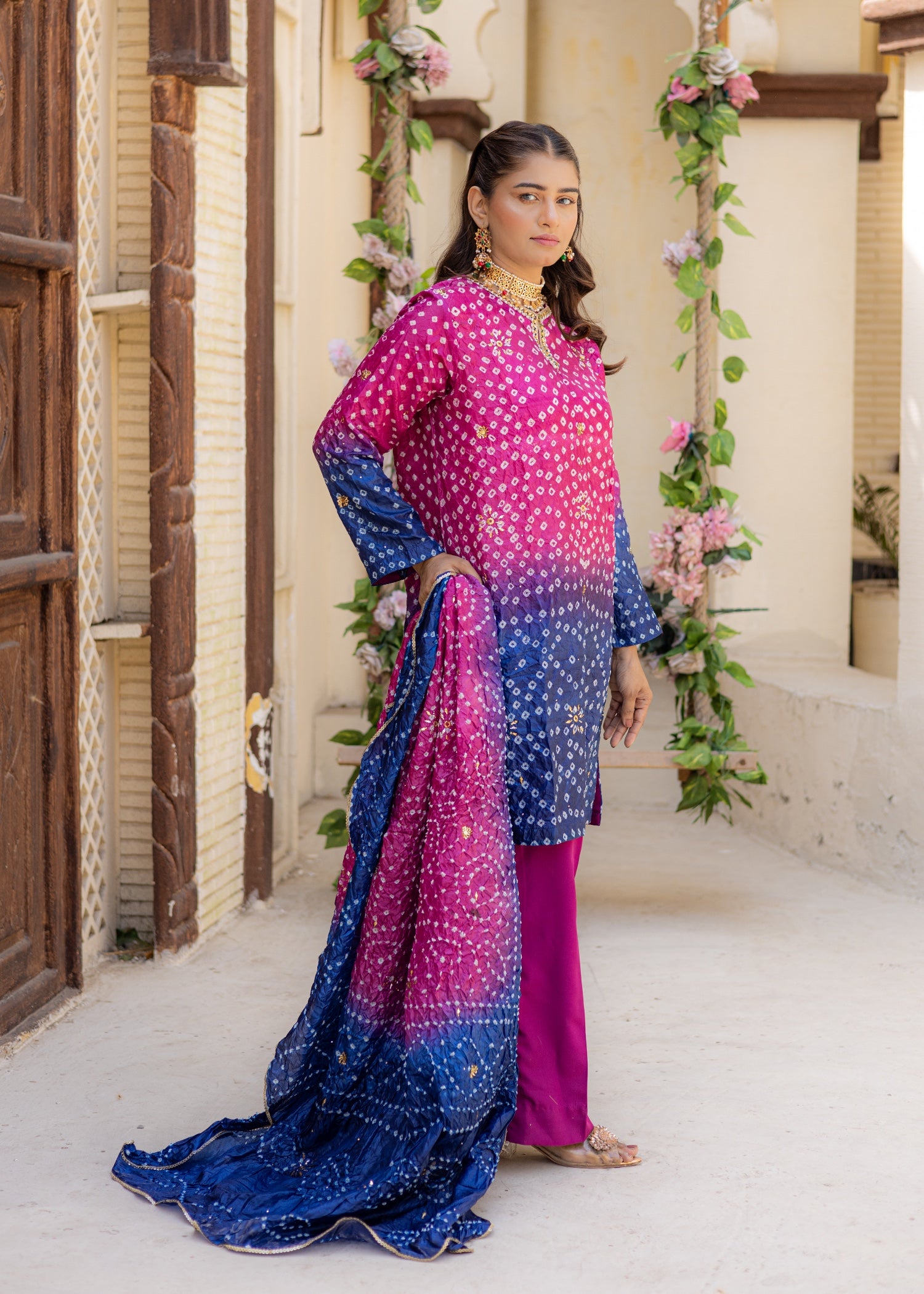 silk crepe Kurta Set in Indigo, magenta haze