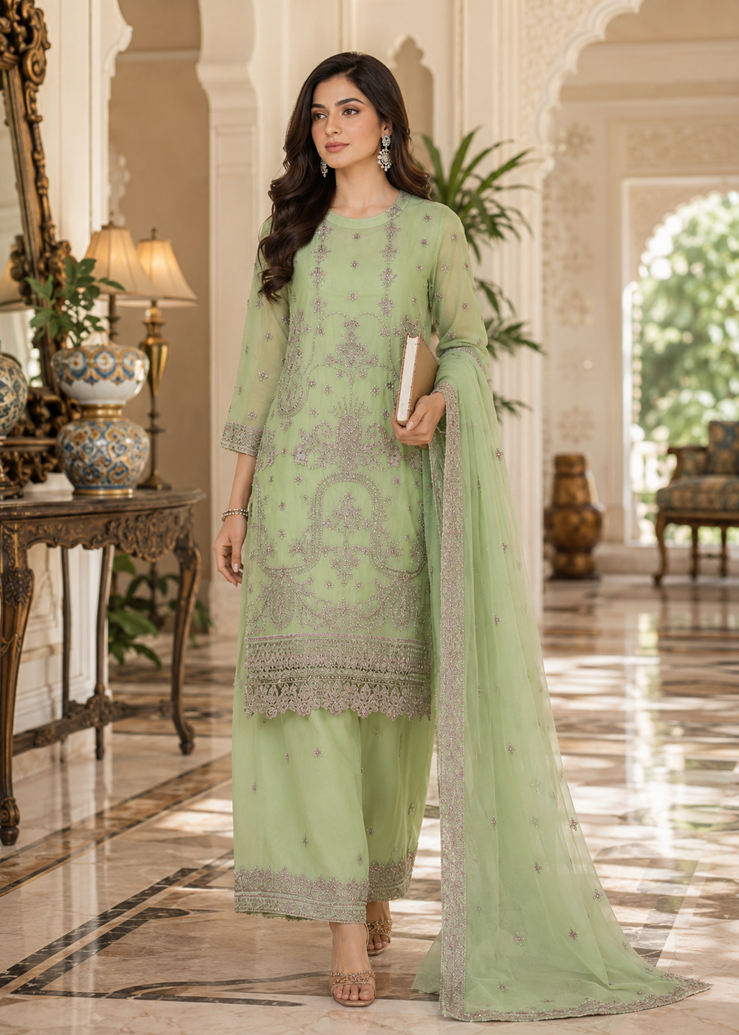 chiffon Kurta Set in Pistachio green