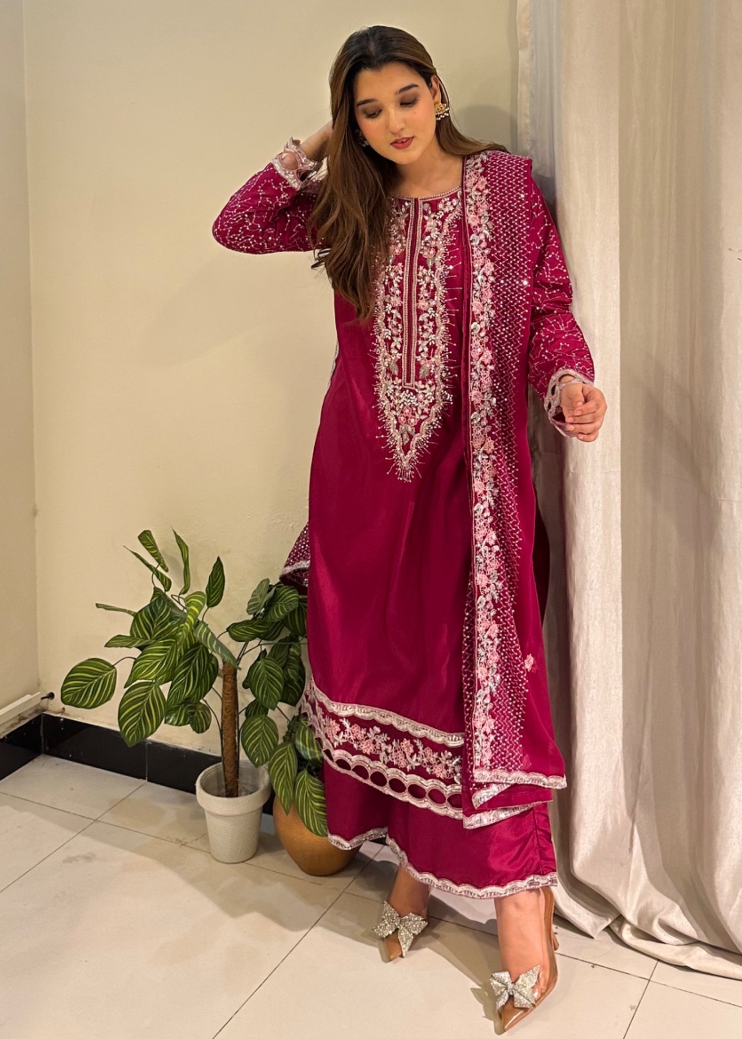 silk Kurta Set in Magenta