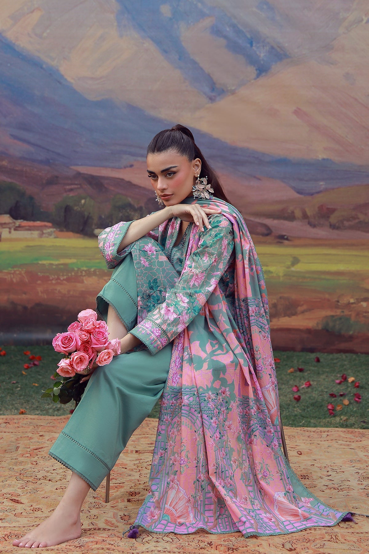 Mirha Lawn – Olive Blush Reverie