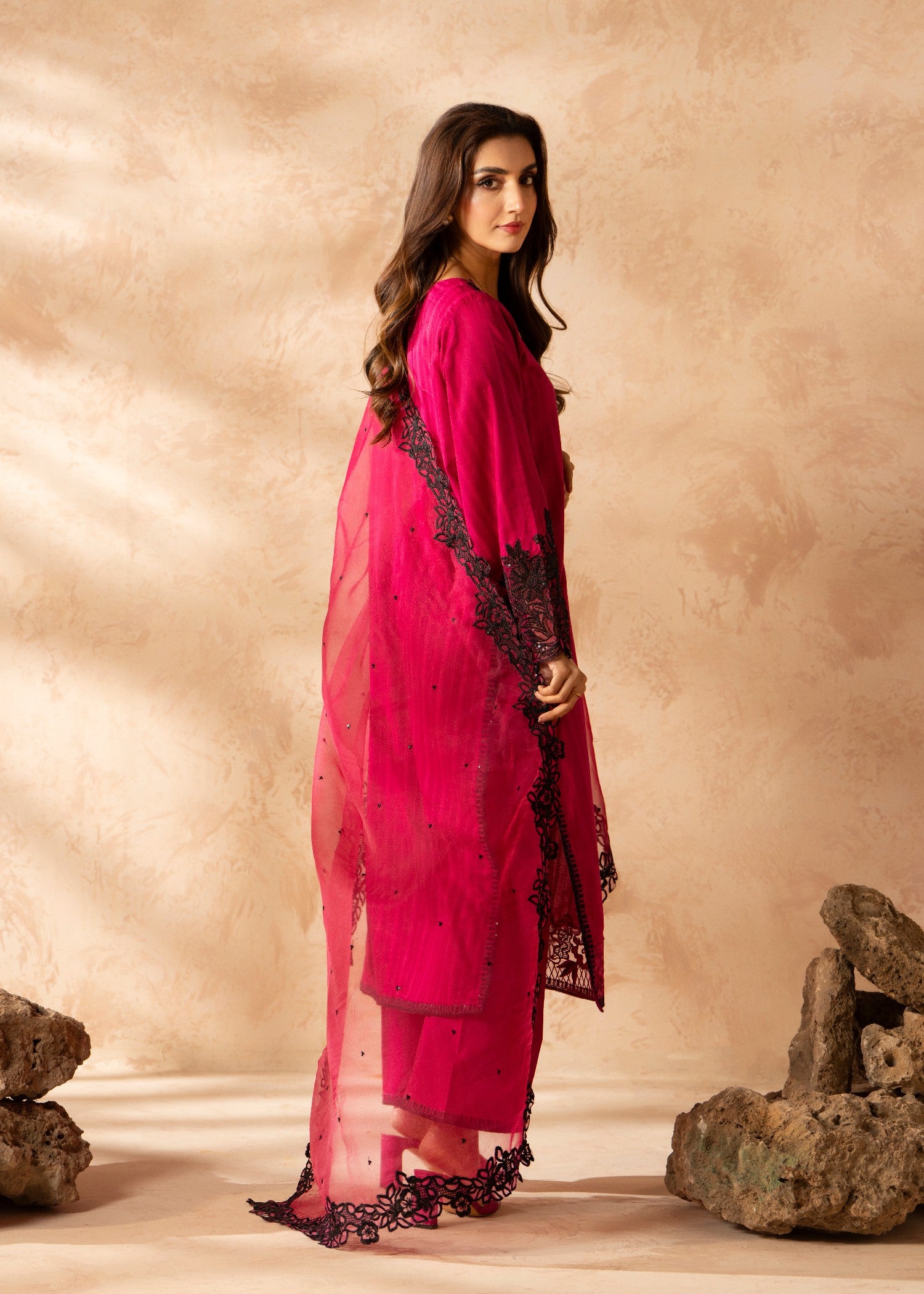 blended linen Kurta Set in Deep pink