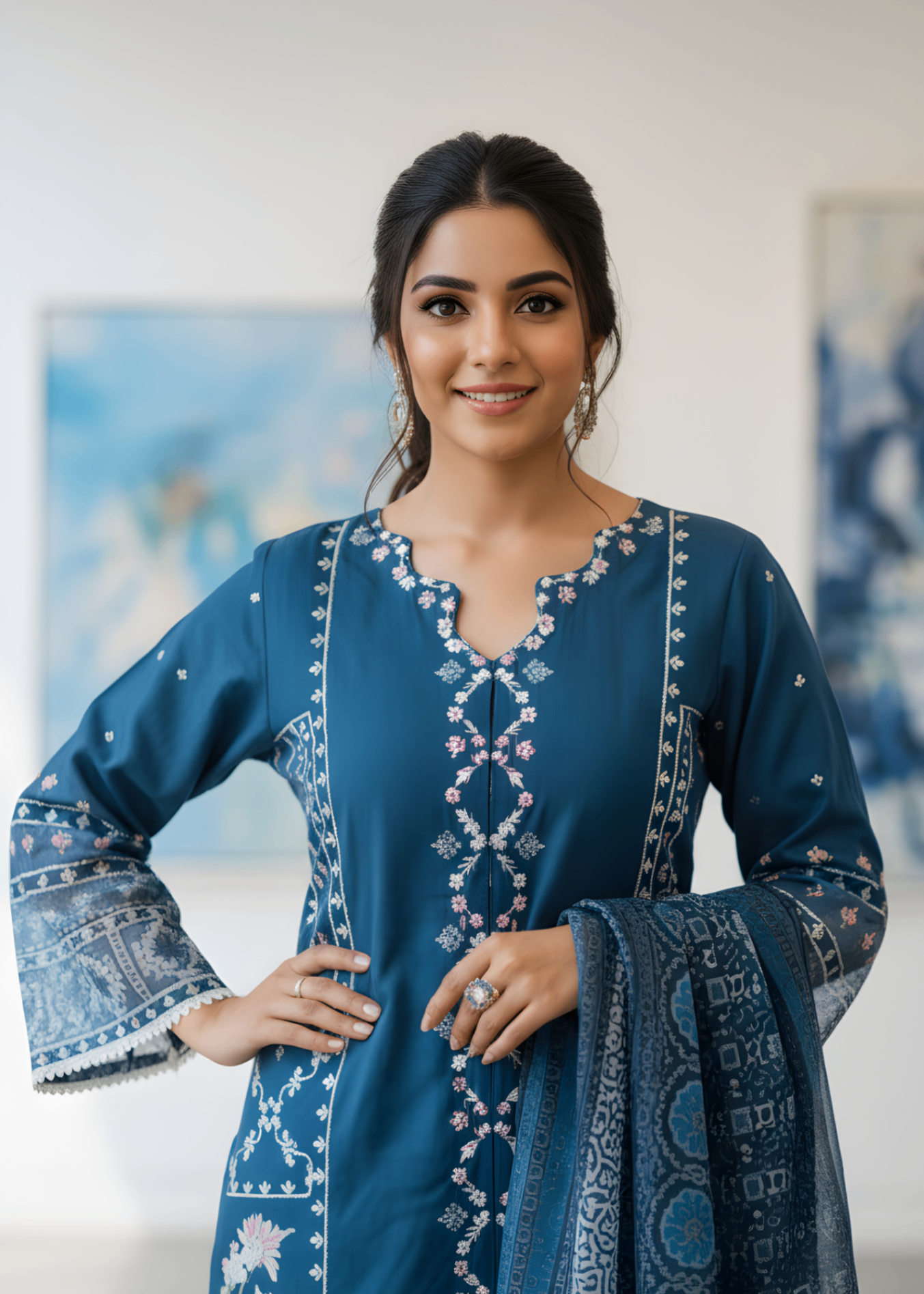 crepe Kurta Set in Royal blue
