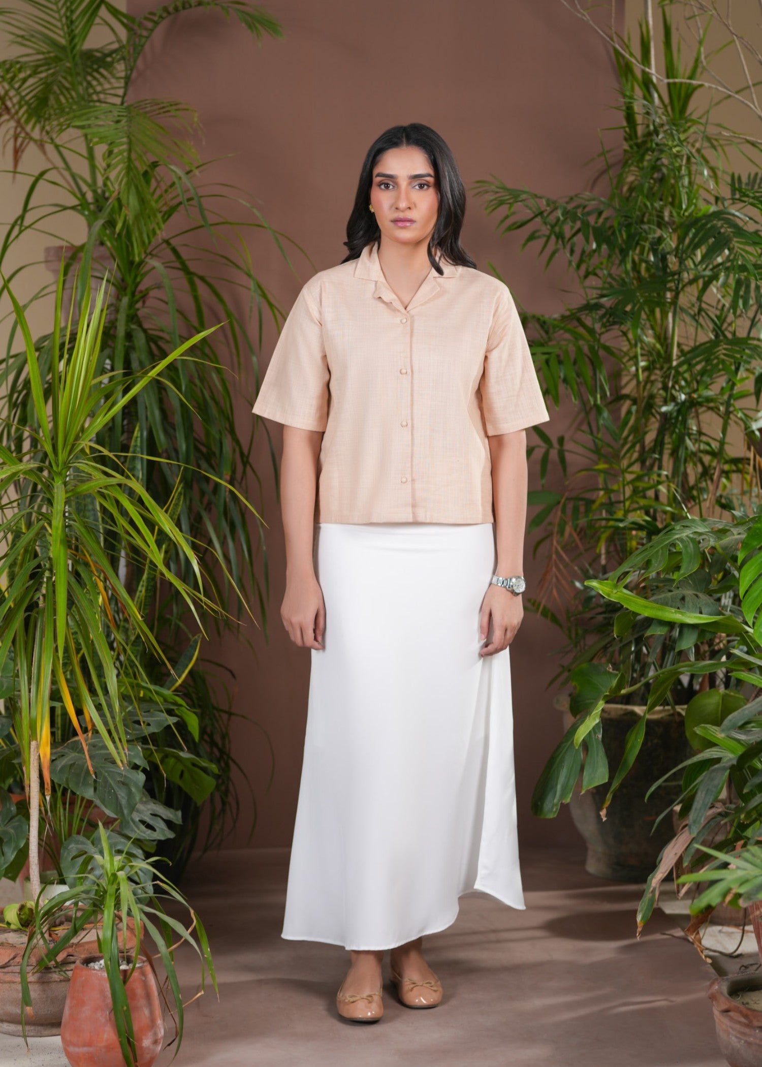 slub khaddar Top in Peach orange