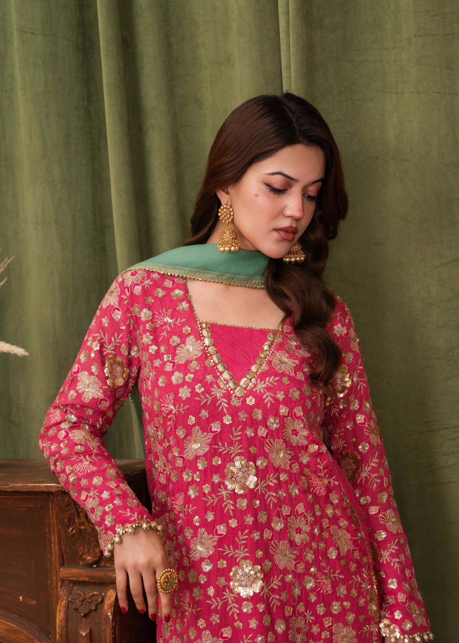 raw silk Kurta Set in Shocking pink