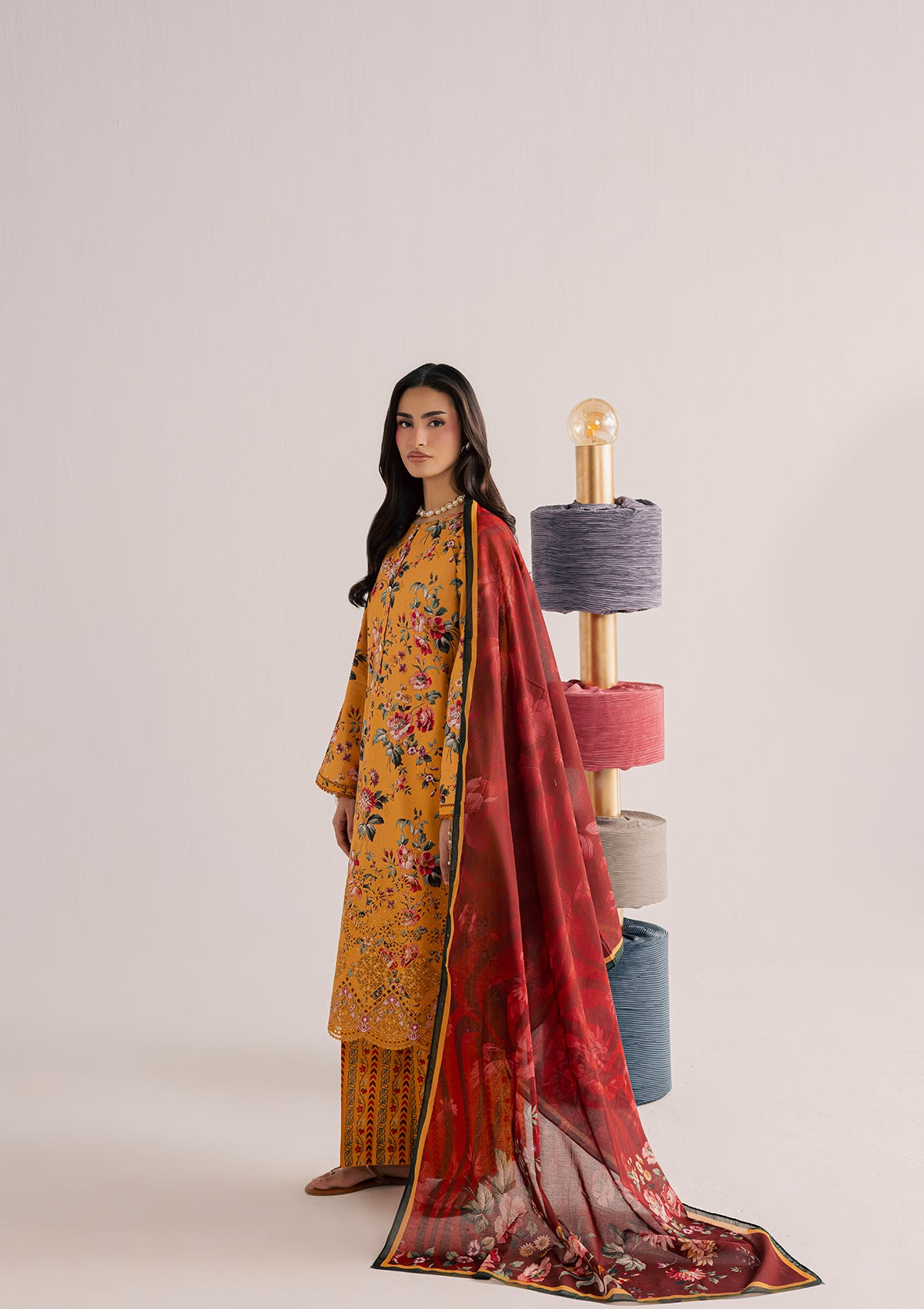 lawn Kurta Set in Yellow-orange