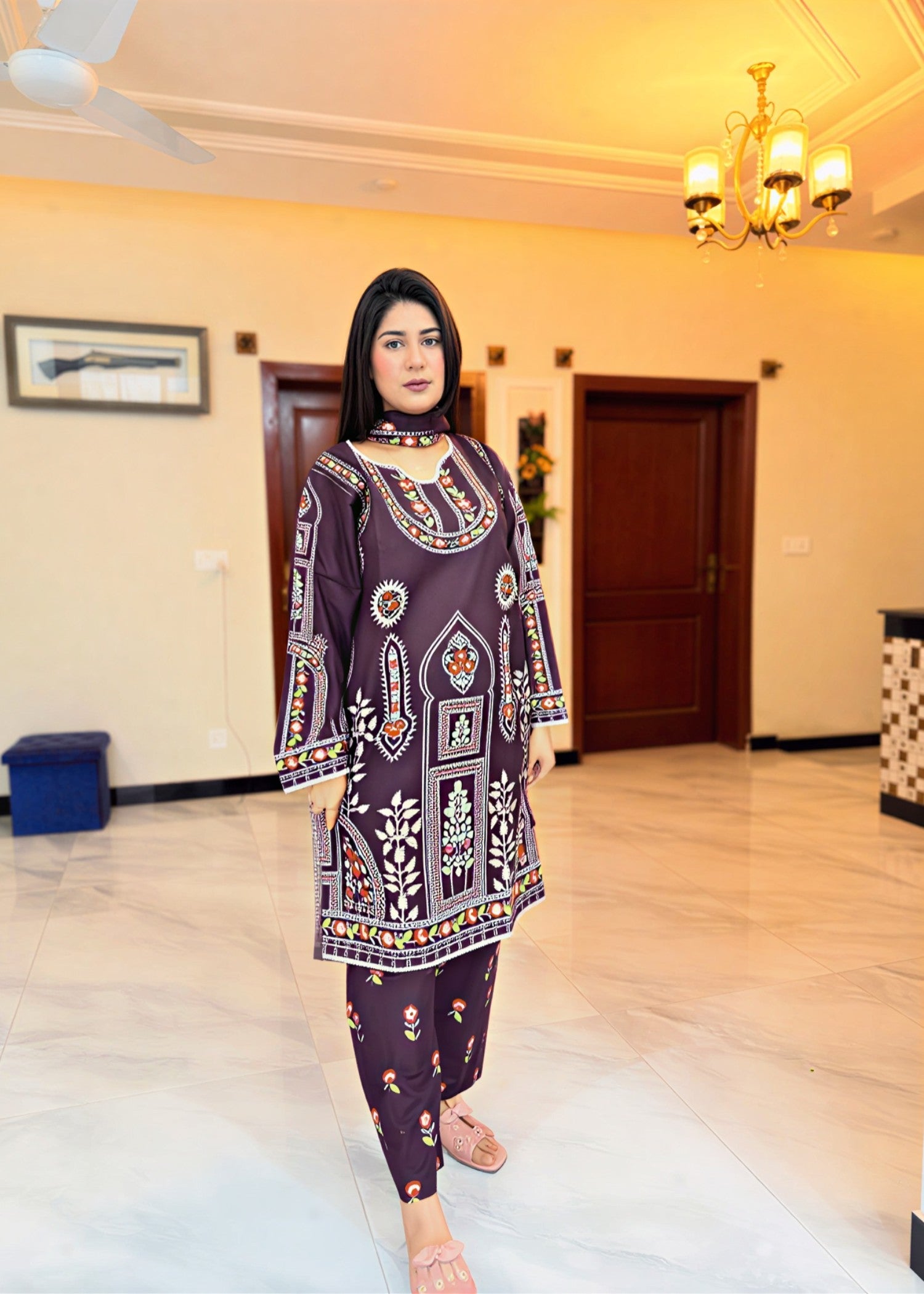 lawn Kurta Set in Espresso brown