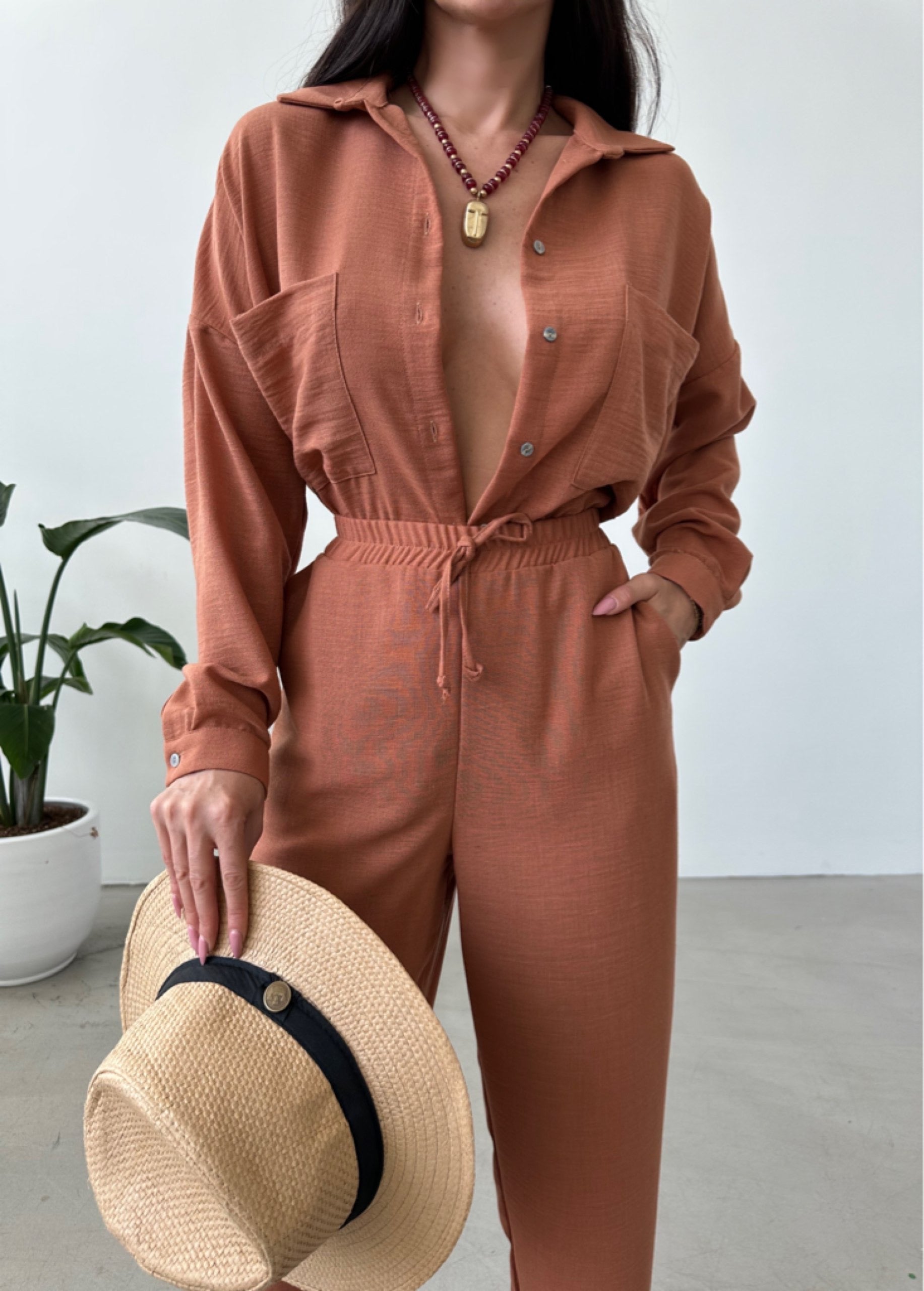 blended linen Co Ord Sets in Chocolate brown