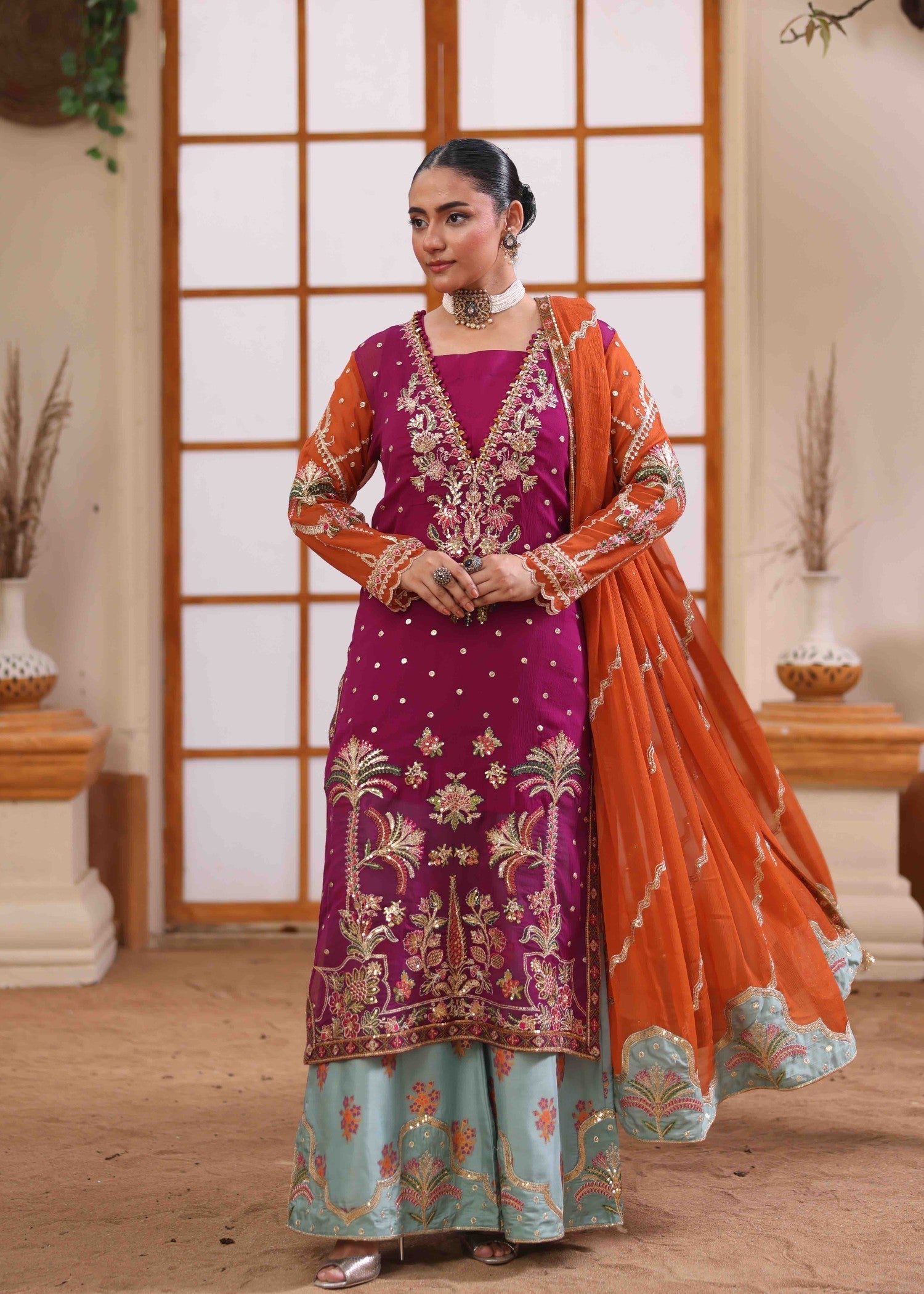 crinkle chiffon Kurta Set in Multi