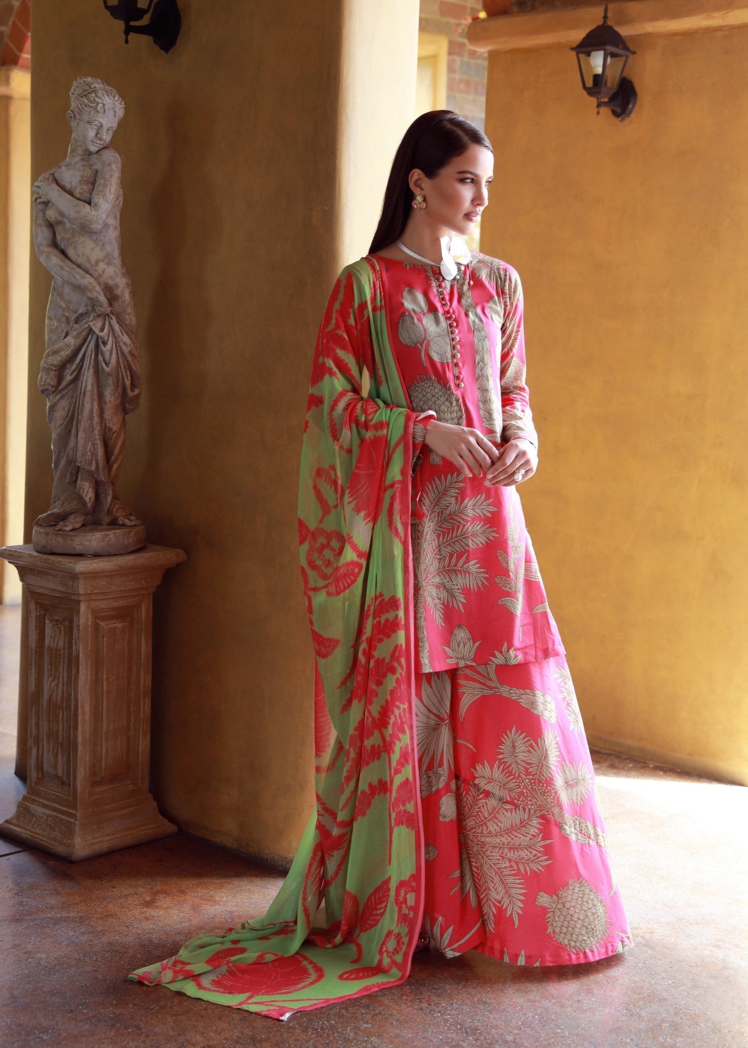 lawn Sharara in Coral pink