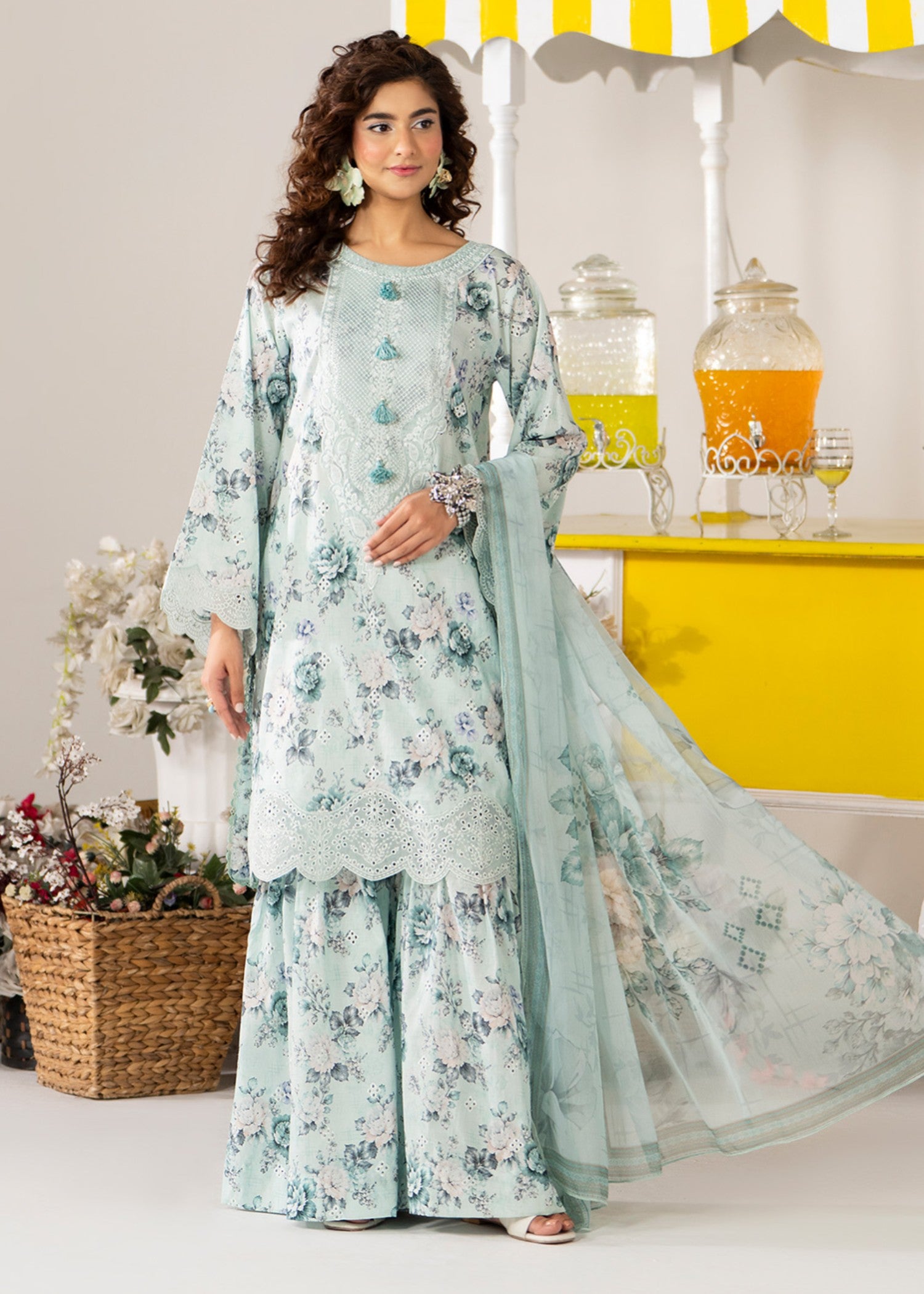 lawn cotton Sharara in Mint green, ice blue