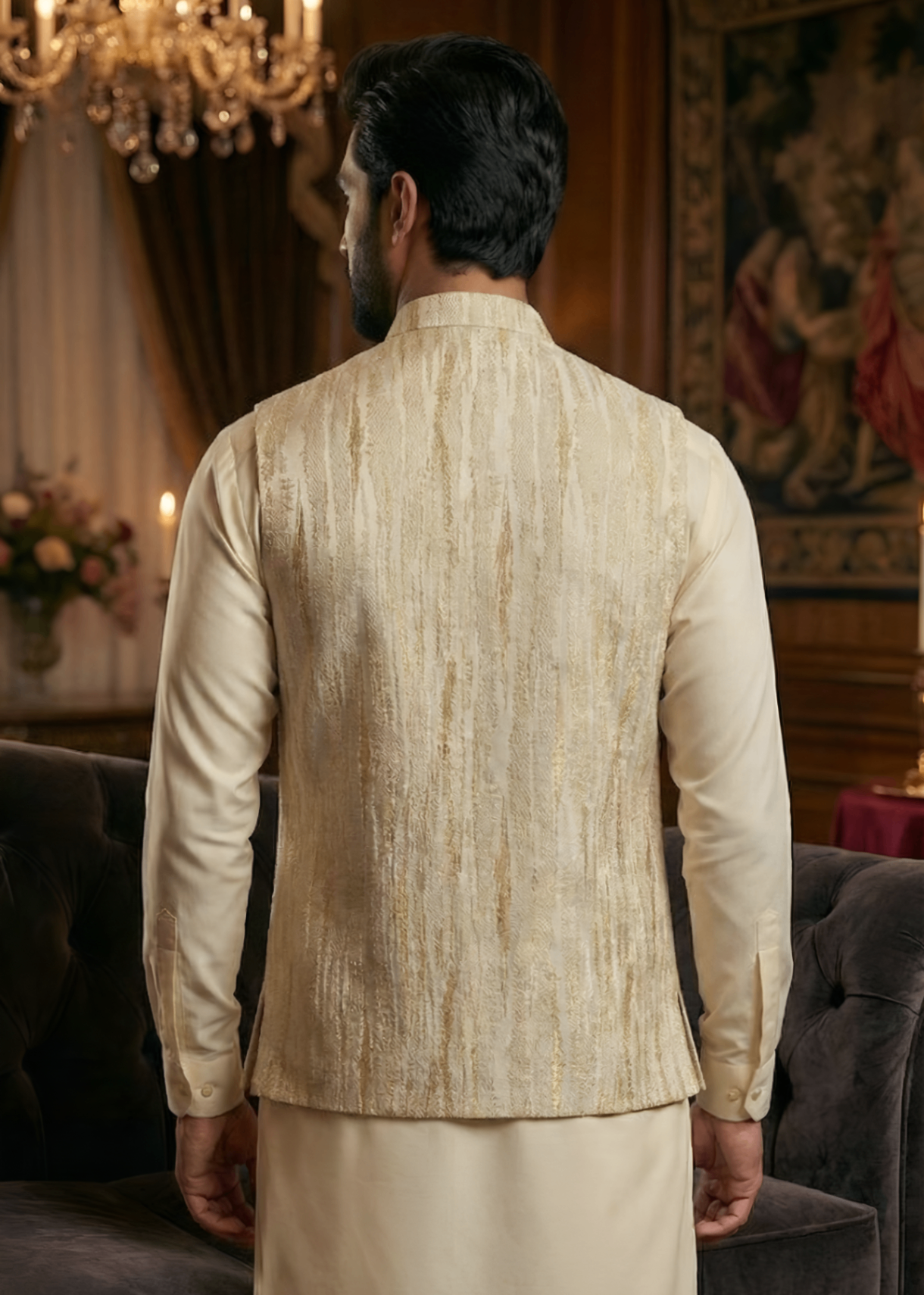 jamawar Waistcoat in Cream