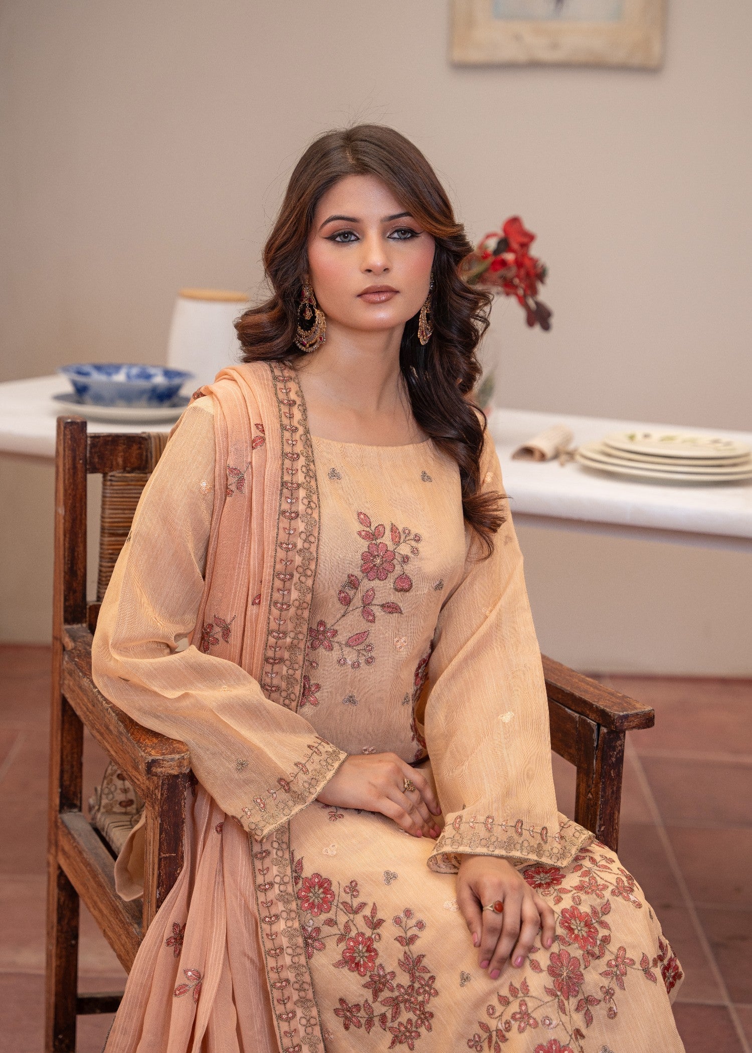 zari cotton Kurta Set in Peach orange