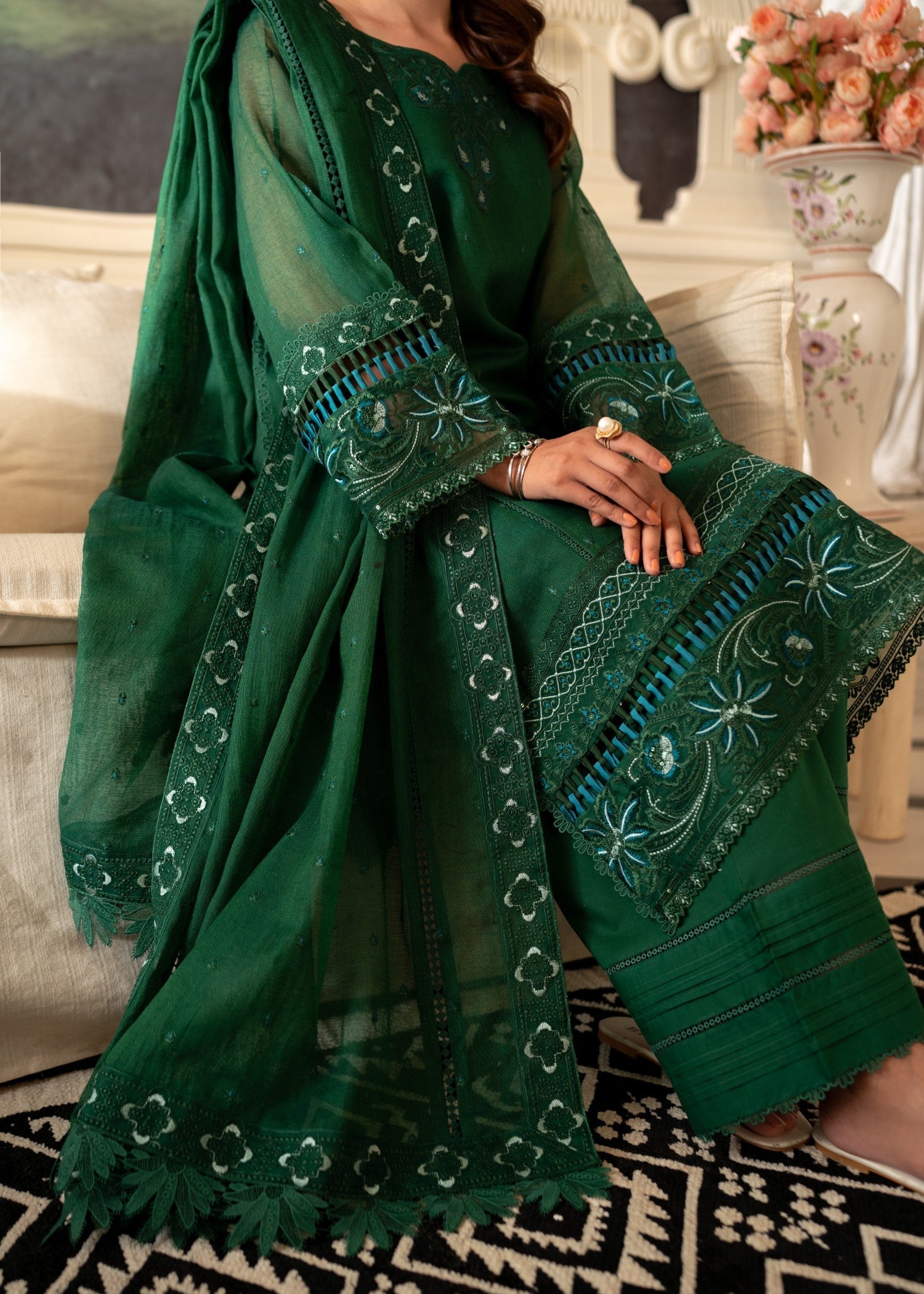 cotton net Unstitched in Green