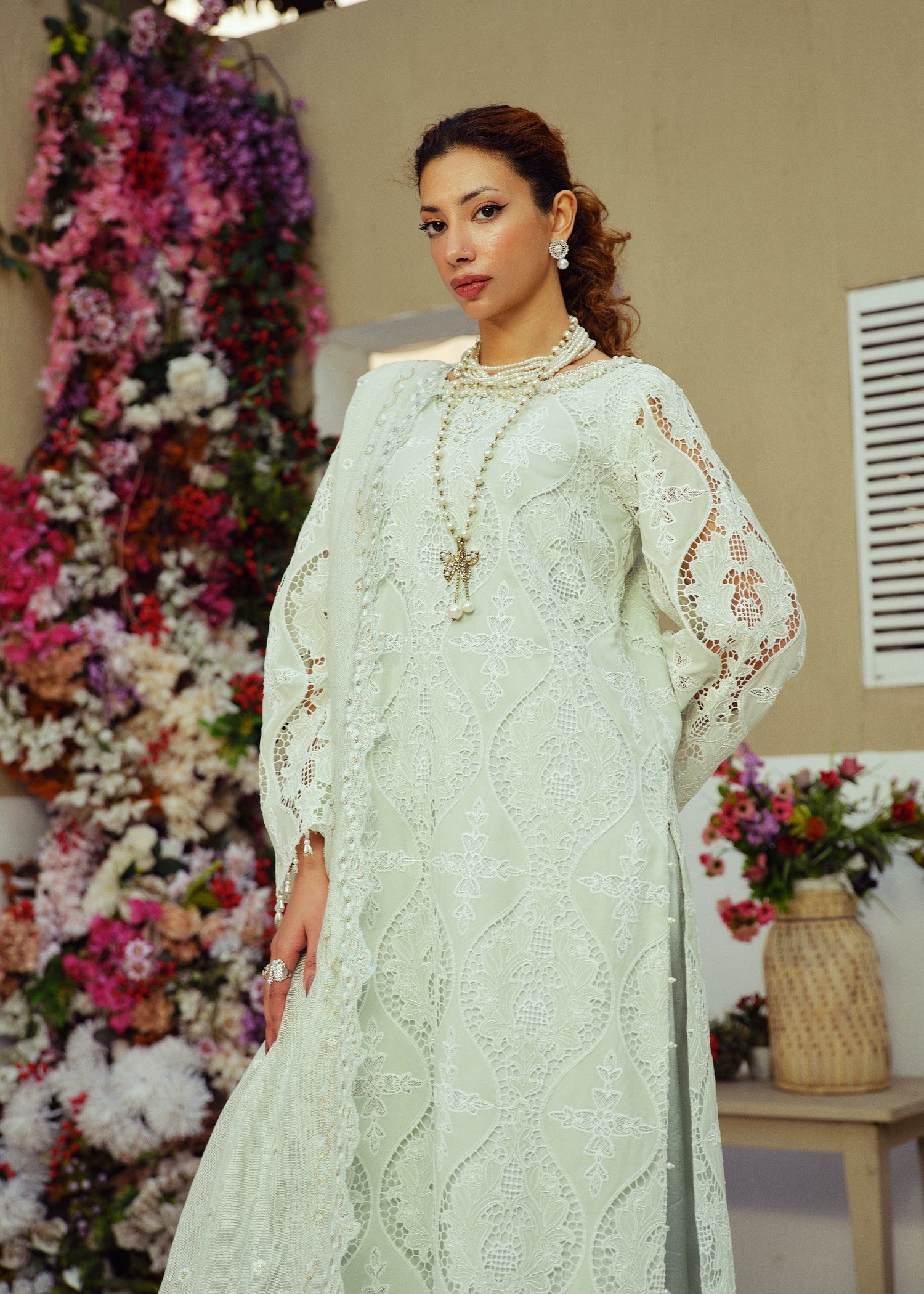 schiffli Kurta Set in Tea green