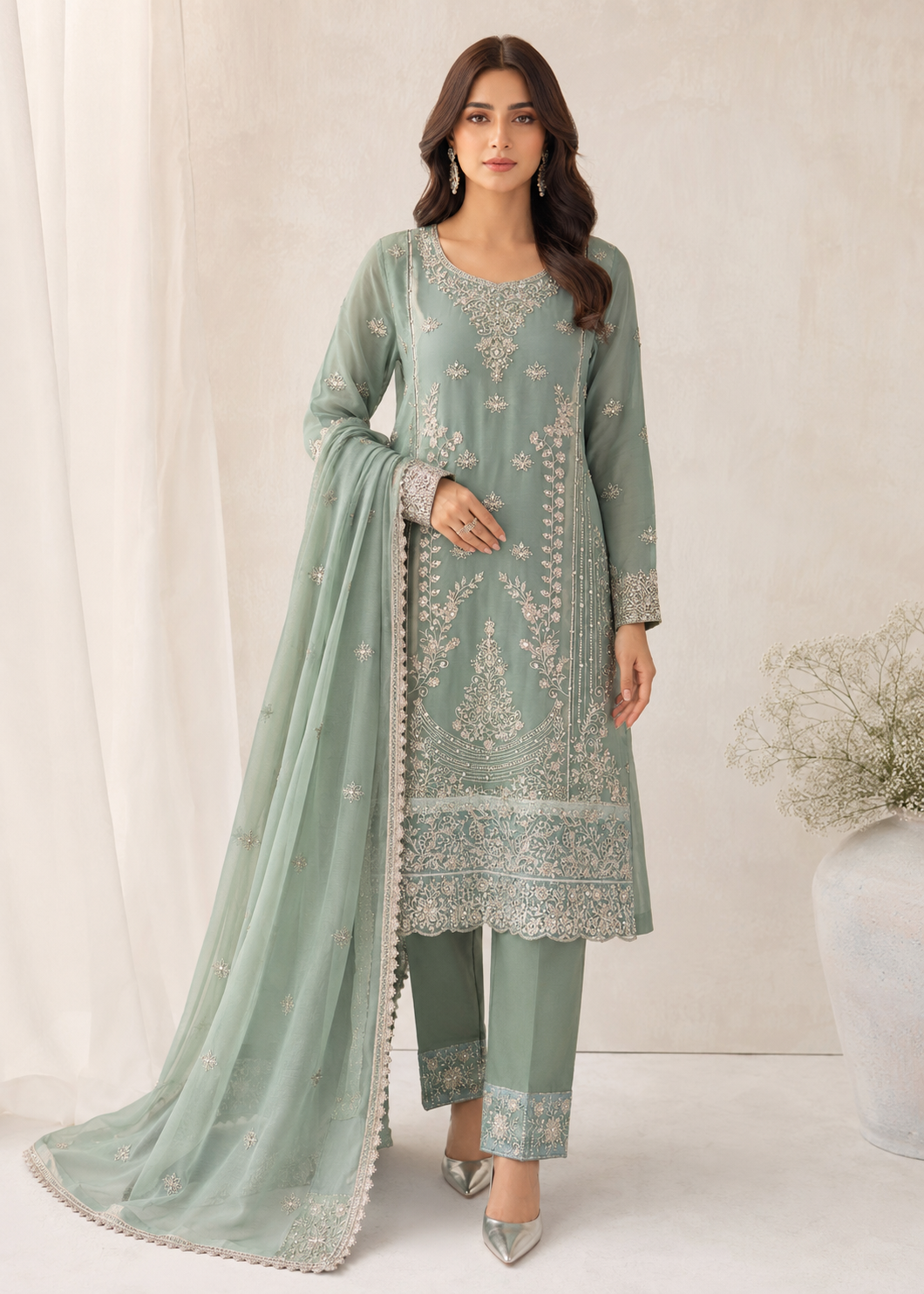 chiffon Kurta Set in Sea green