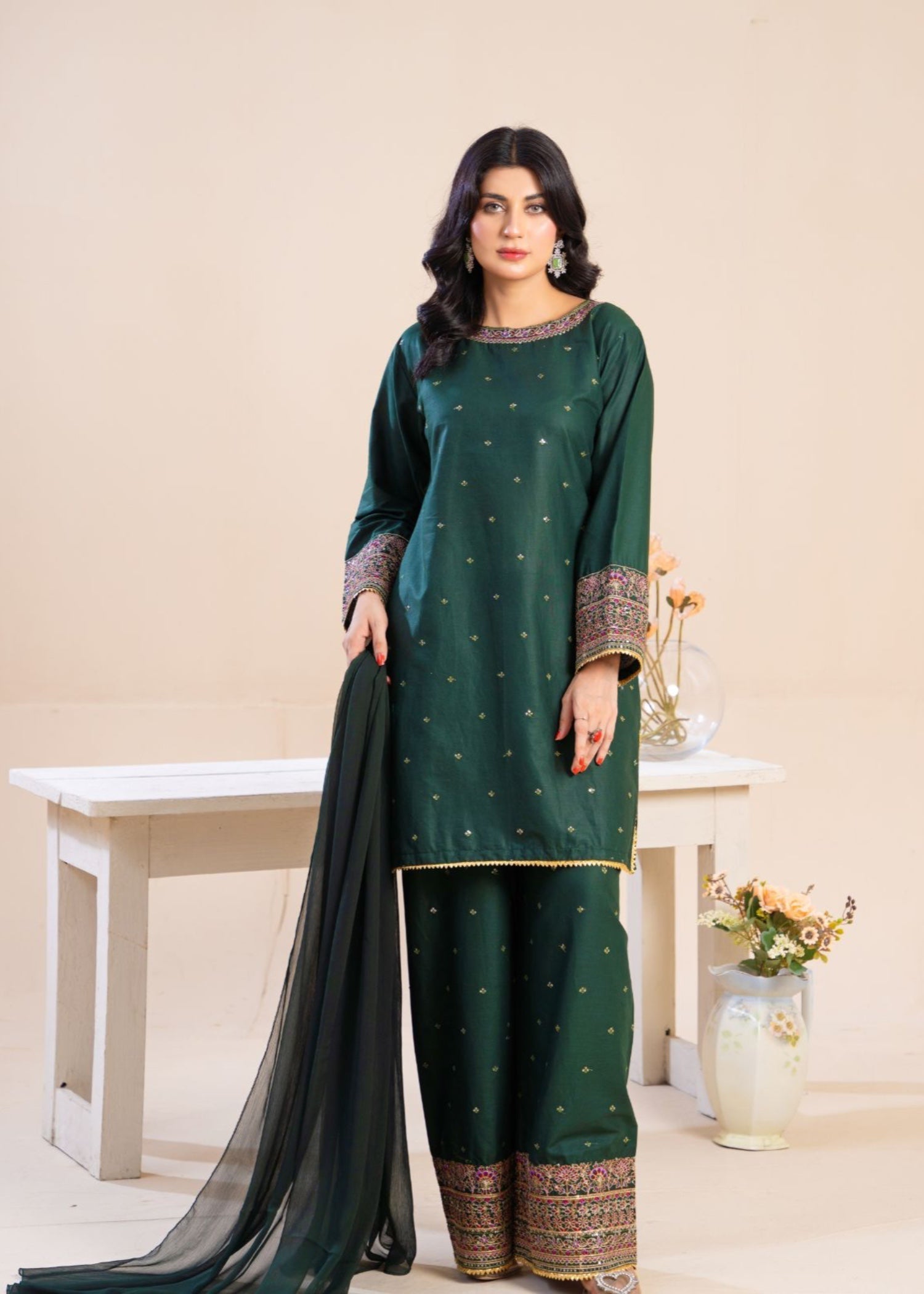 cambric Kurta Set in Bottle green