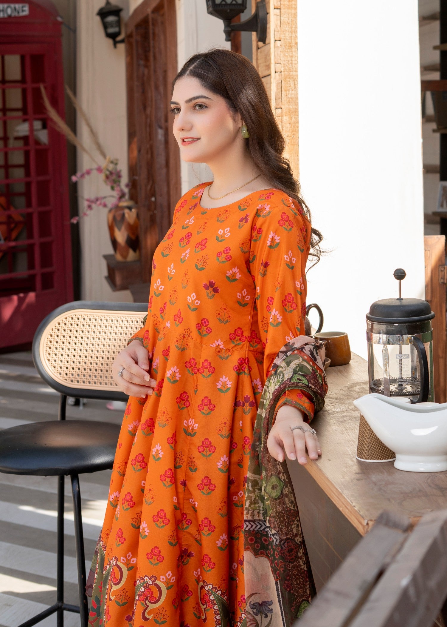 poly lawn Anarkali in Pumpkin orange