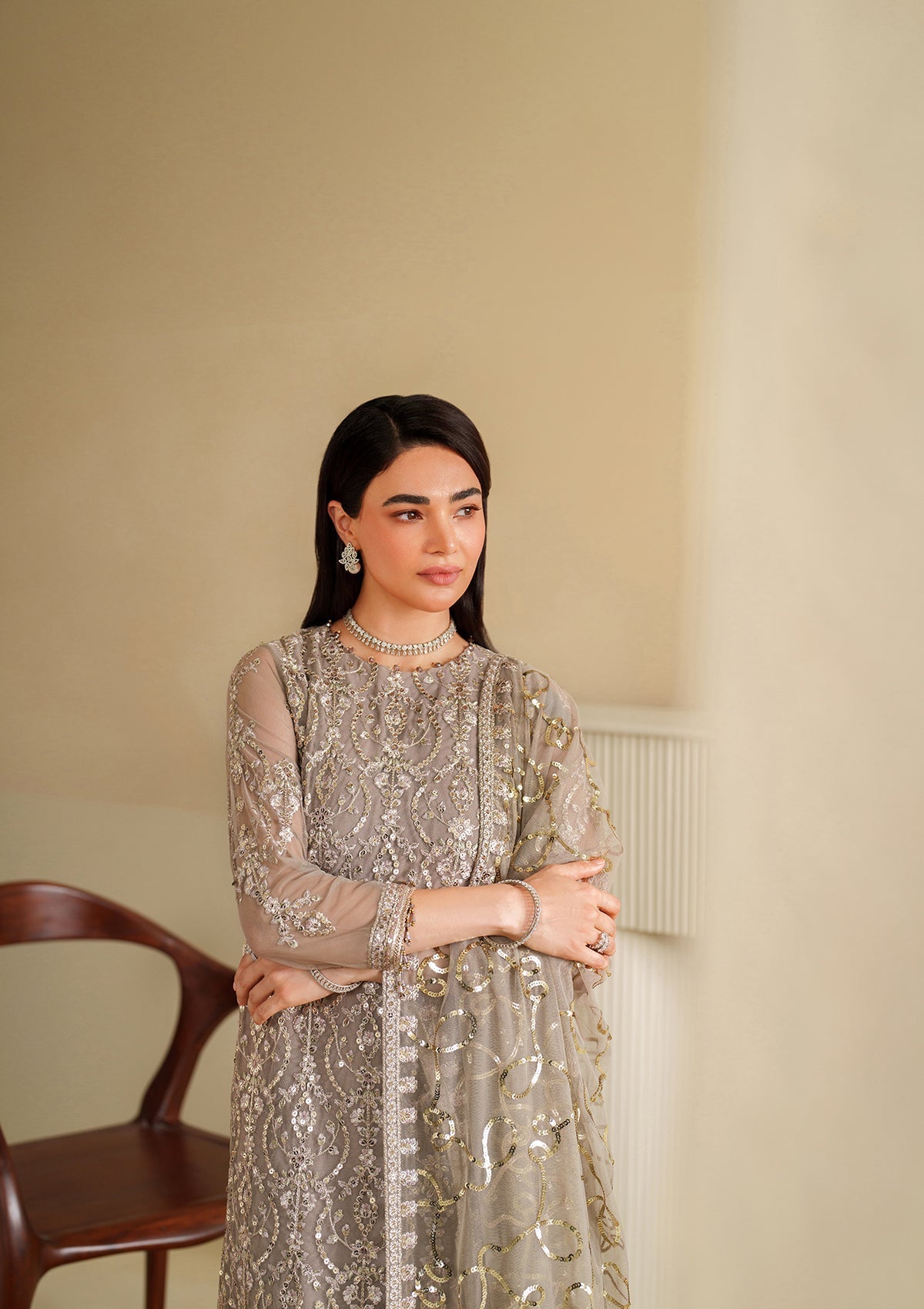 khaddi net Kurta Set in Silver
