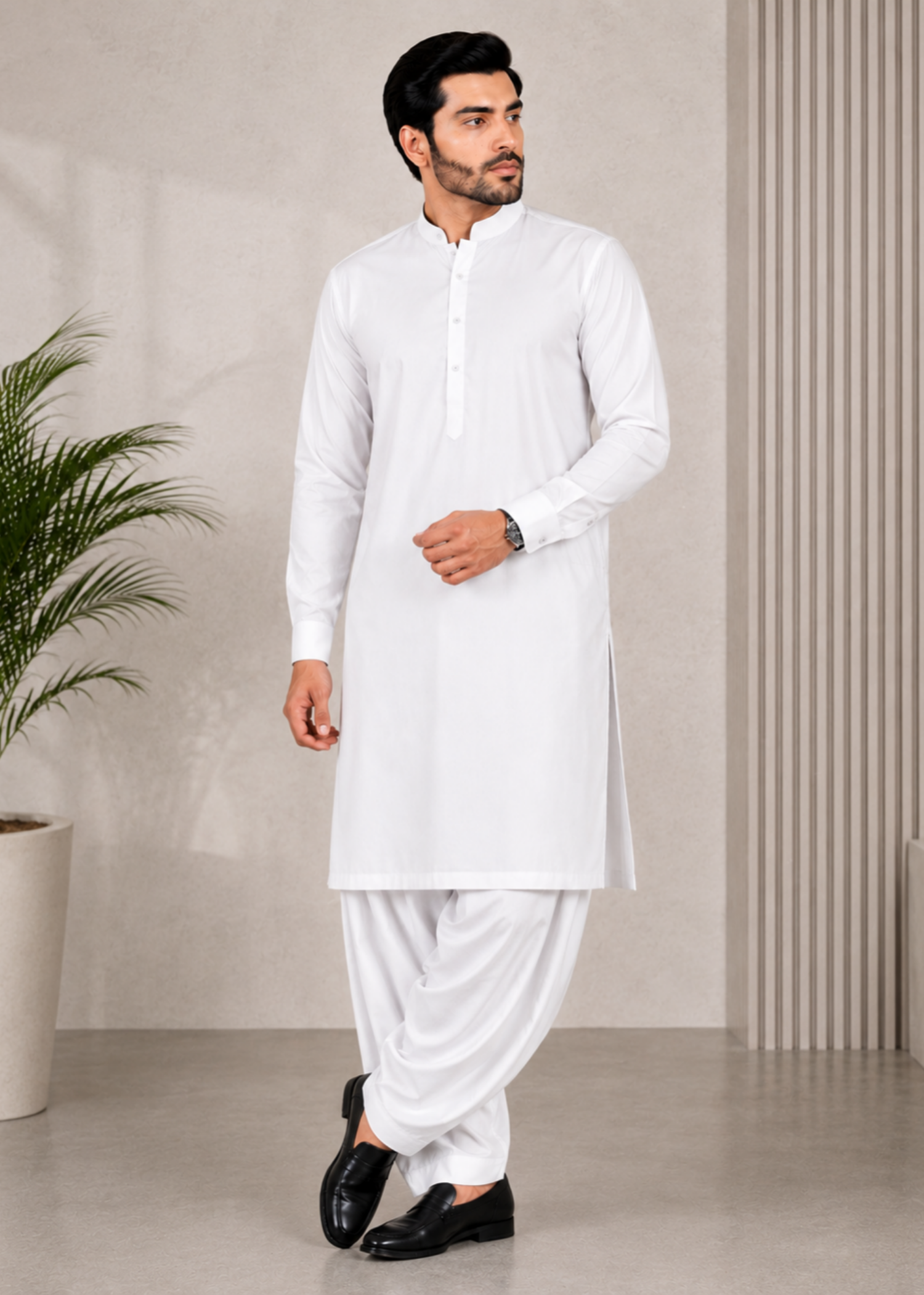 cotton Shalwar Kameez in White by Hassan Jee Men