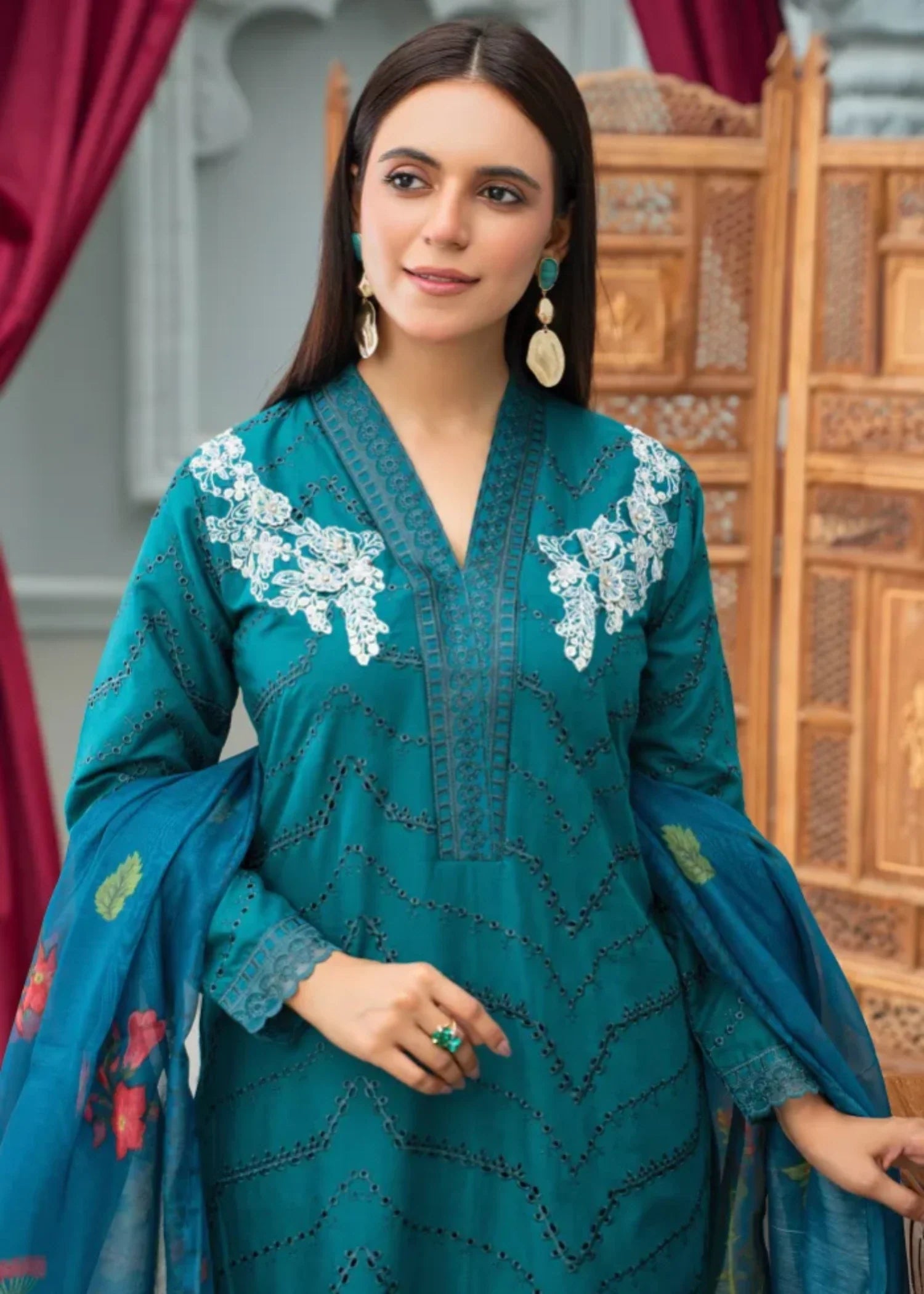 cambric cotton Kurta Set in Teal