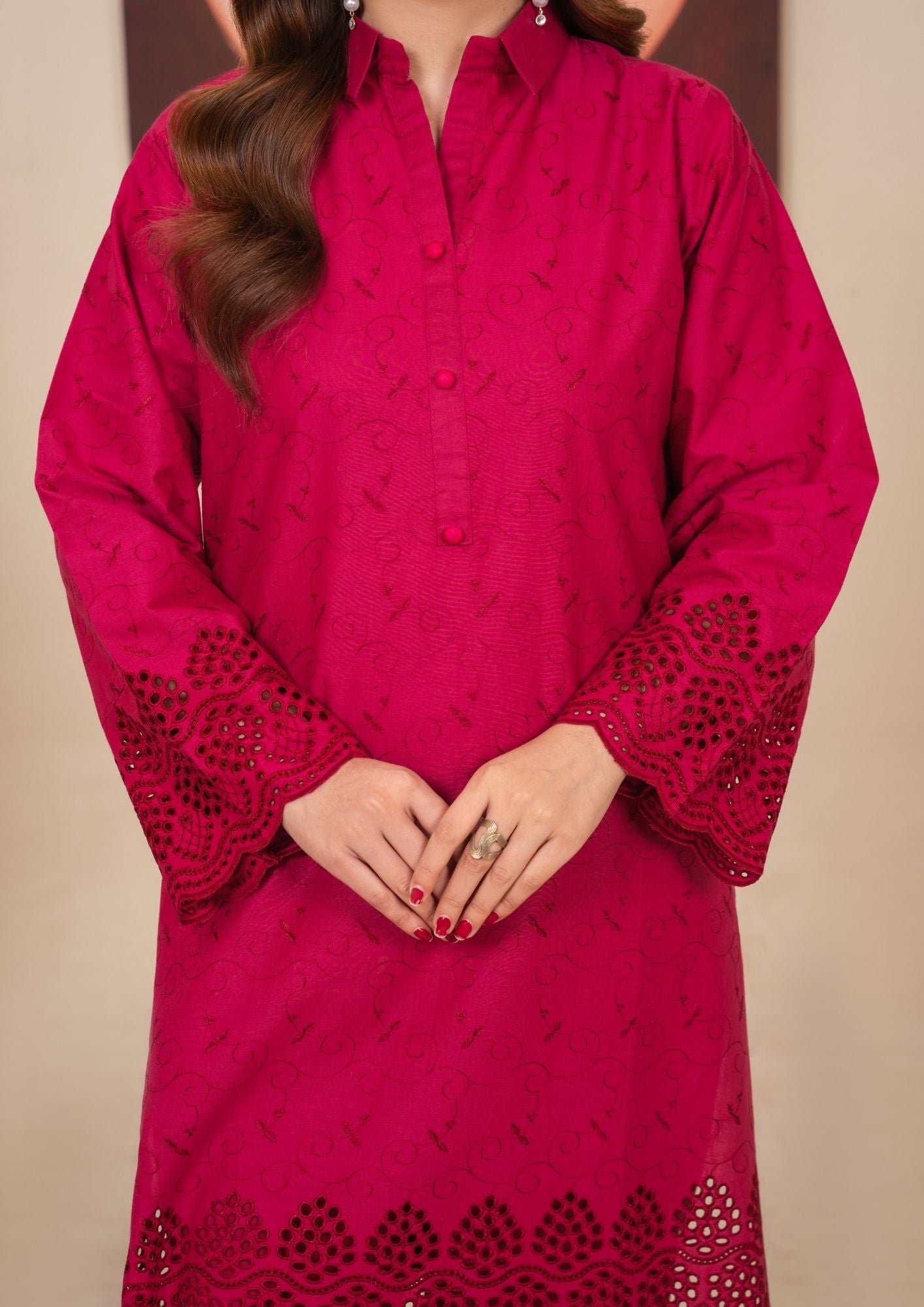 cambric Kurta Set in Rose red