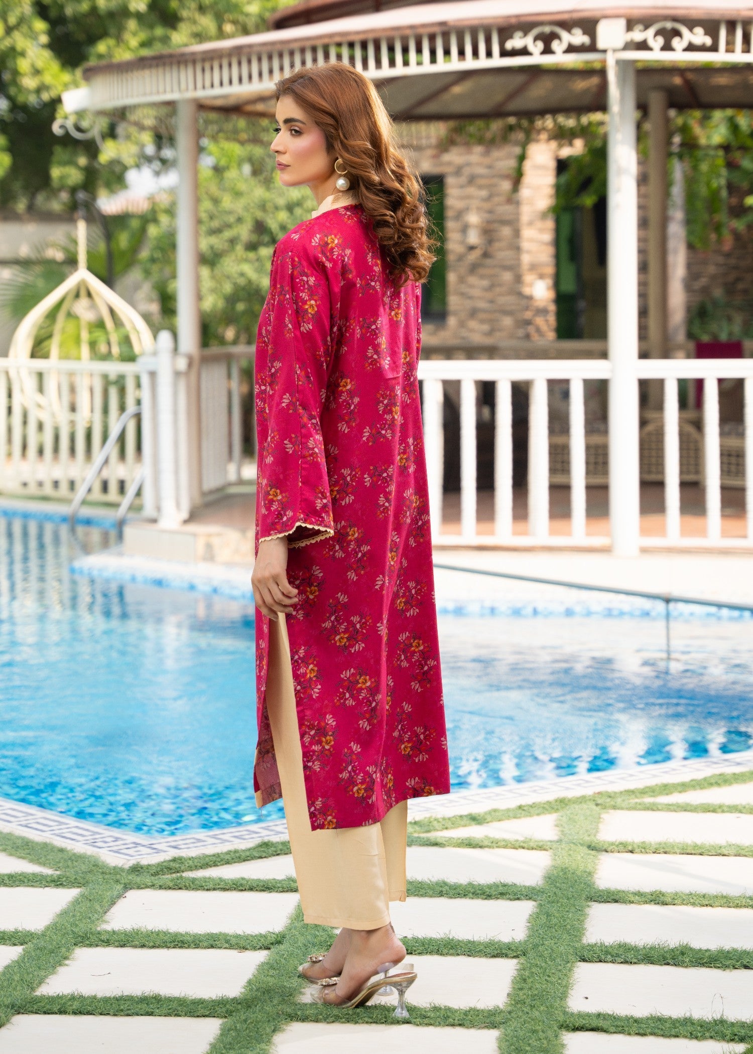 dhanak Kurta Set in Deep pink
