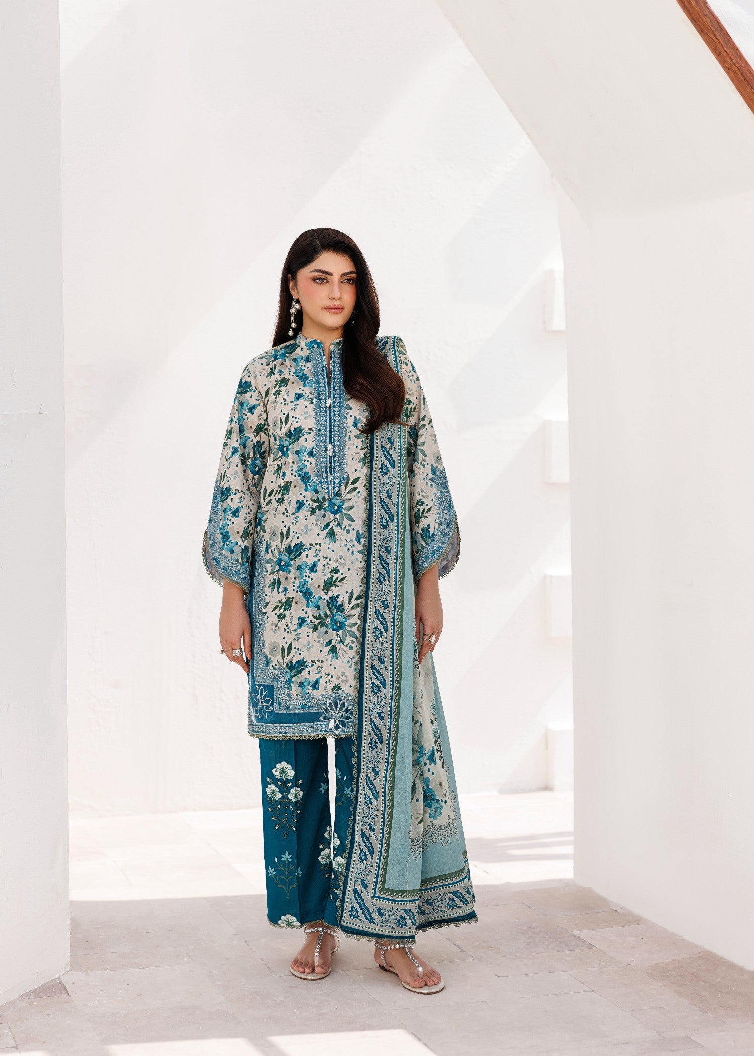 lawn Kurta Set in Aegean blue