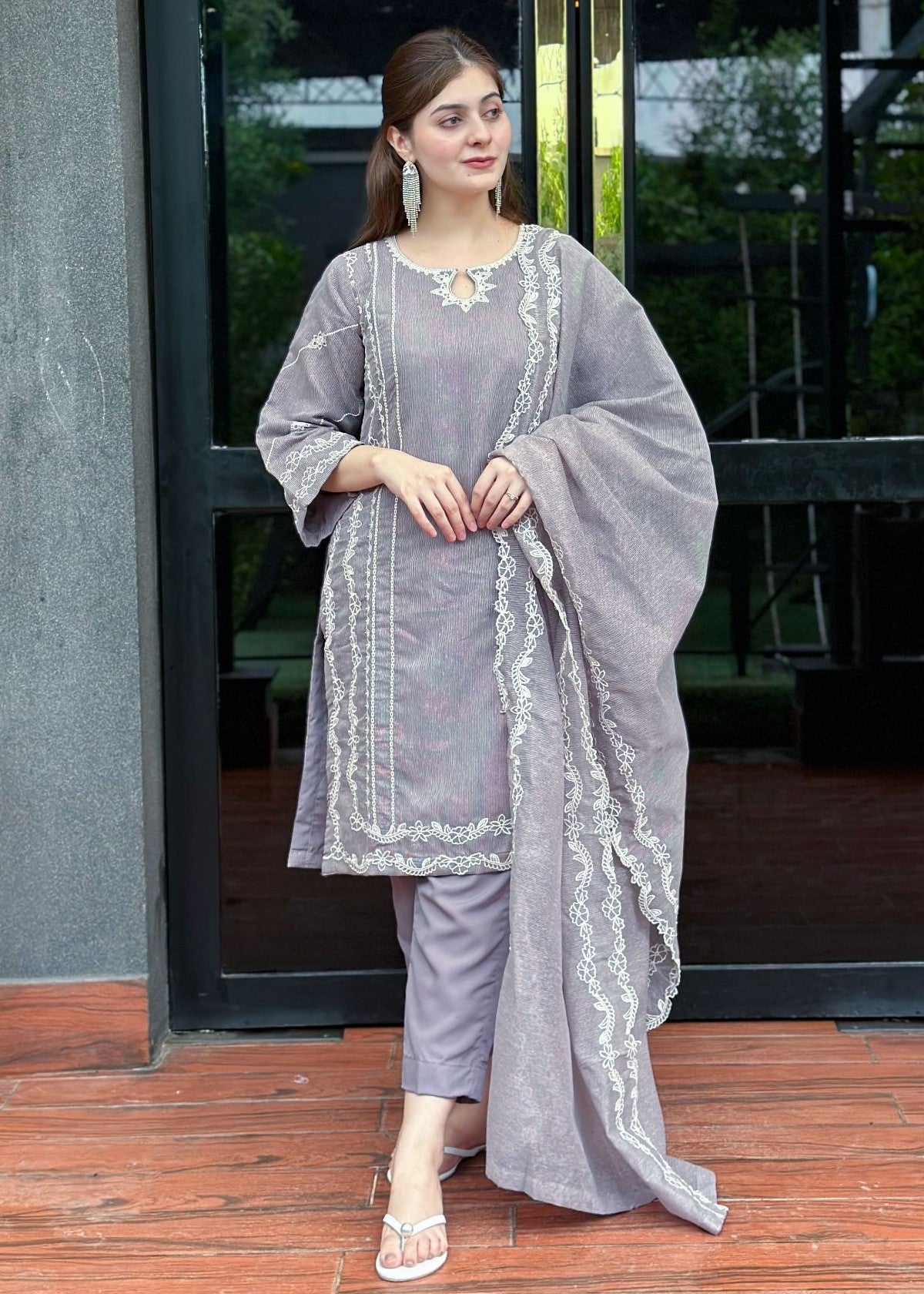 cotton karandi Kurta Set in Grey